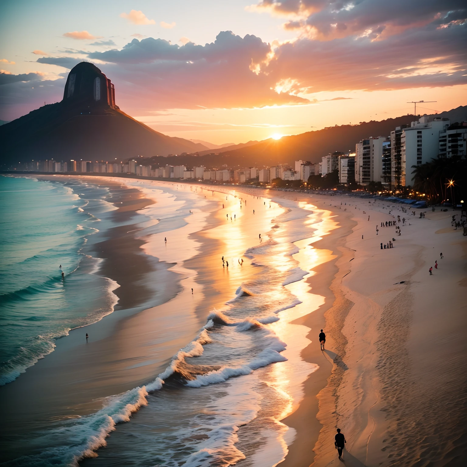 Ipanema beach at sunset with people on the sand