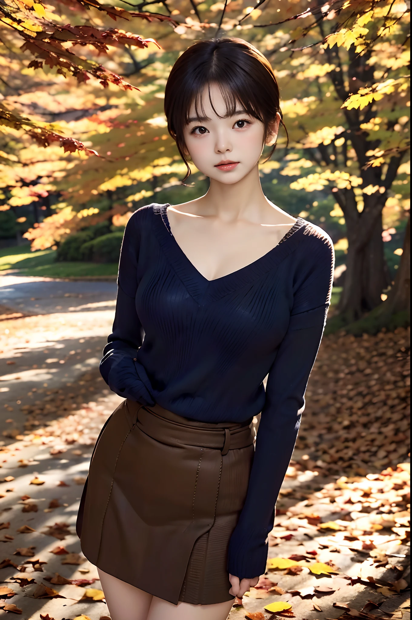 parfect anatomy、top-quality、masuter piece、ultra-detailliert、8ｋ、独奏、15yo student、1 girl in、Brown-eyed、a short bob、Colossal tits、plump tits、Indigo V-neck knit、a red skirt、Natural look、Beautiful collarbone、plein air、Autumn Park、Trees with autumn leaves々、Path of falling leaves、(((I can't see the background:1.3)))