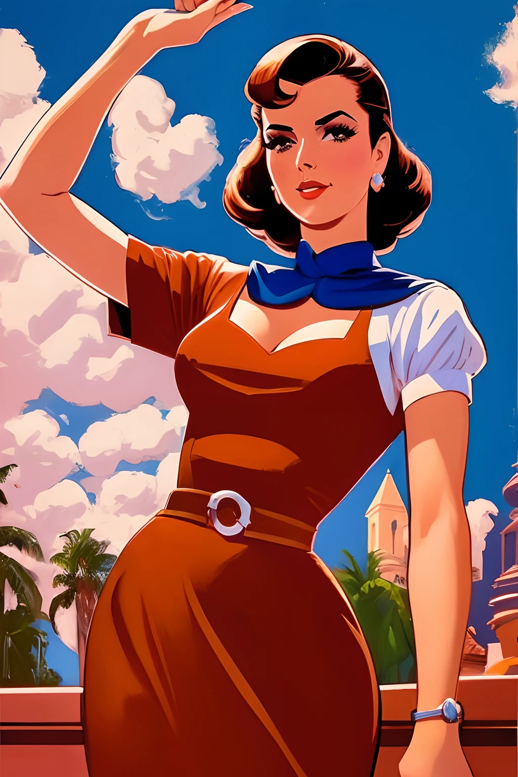 Arte inspirada John Buscema, master part, Melhor Filme, estilo de cultura pop art, estilo polpa , quebrar, uma mulher de 20 anos, Standing, usando vestido casual, as a real estate agent, in retro style, Looking friendly to the viewer, her two hands squandered as if inviting her to buy, roupas educadas, quebrar, (fundo branco liso), best angle, best view, corpo baleado