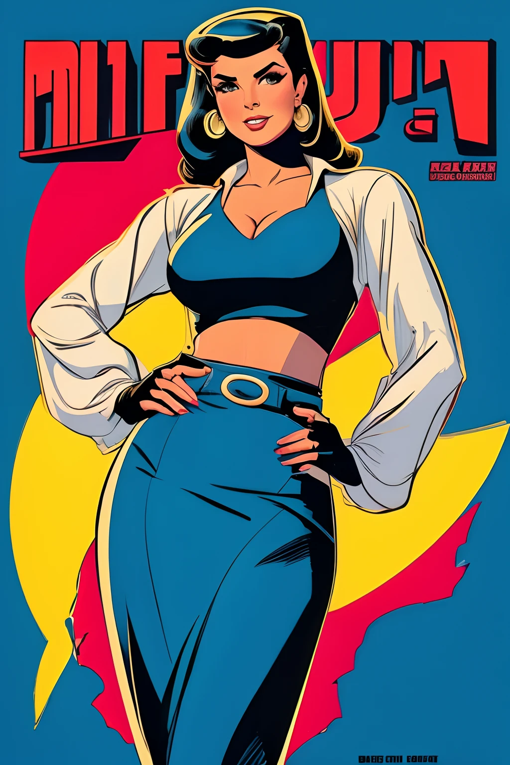 Arte inspirada John Buscema, master part, Melhor Filme, estilo de cultura pop art, estilo polpa , quebrar, uma mulher de 20 anos, Standing, usando vestido casual, as a real estate agent, in retro style, Looking friendly to the viewer, her two hands squandered as if inviting her to buy, roupas educadas, quebrar, (fundo branco liso), best angle, best view, corpo baleado