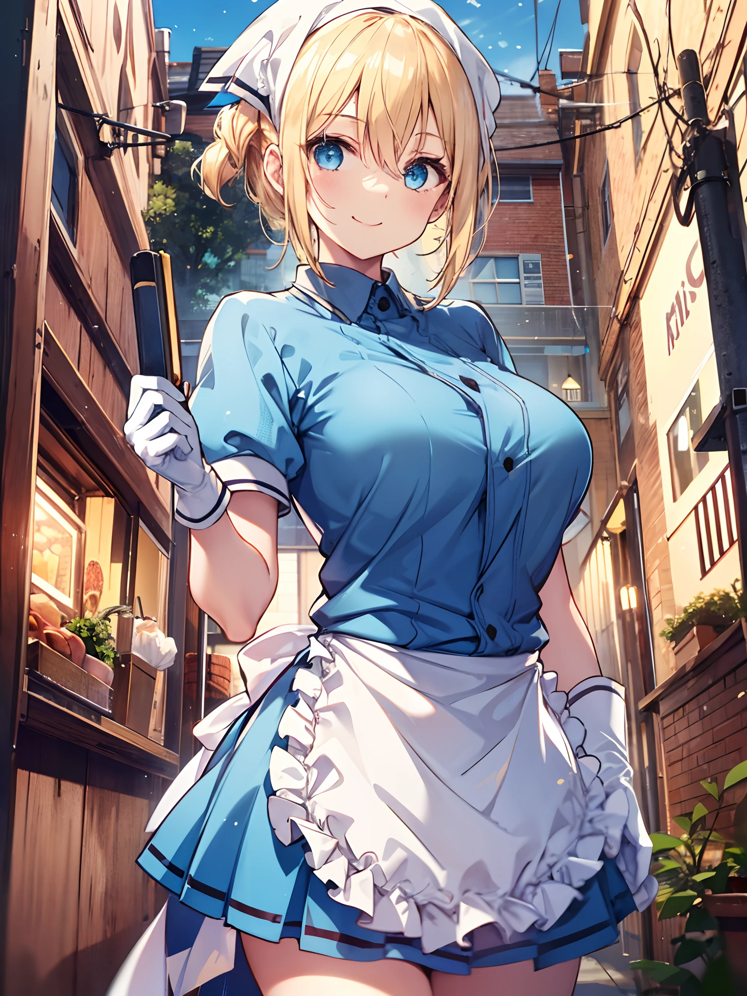 1girl in, (Chiquita:1.2), Kaho Hyuga, a blond, Twin-tailed,  woman samurai, Scarf on the head, frilld, Light blue shirt, Waist apron, Puffy Short Sleeves, blueskirt,  white glove, large boob, White placket, 

(Best Quality, hight resolution, 4K, Detailed Lighting, Shaders, perfect anatomia), 

 
Smile, 
Cafe Background,