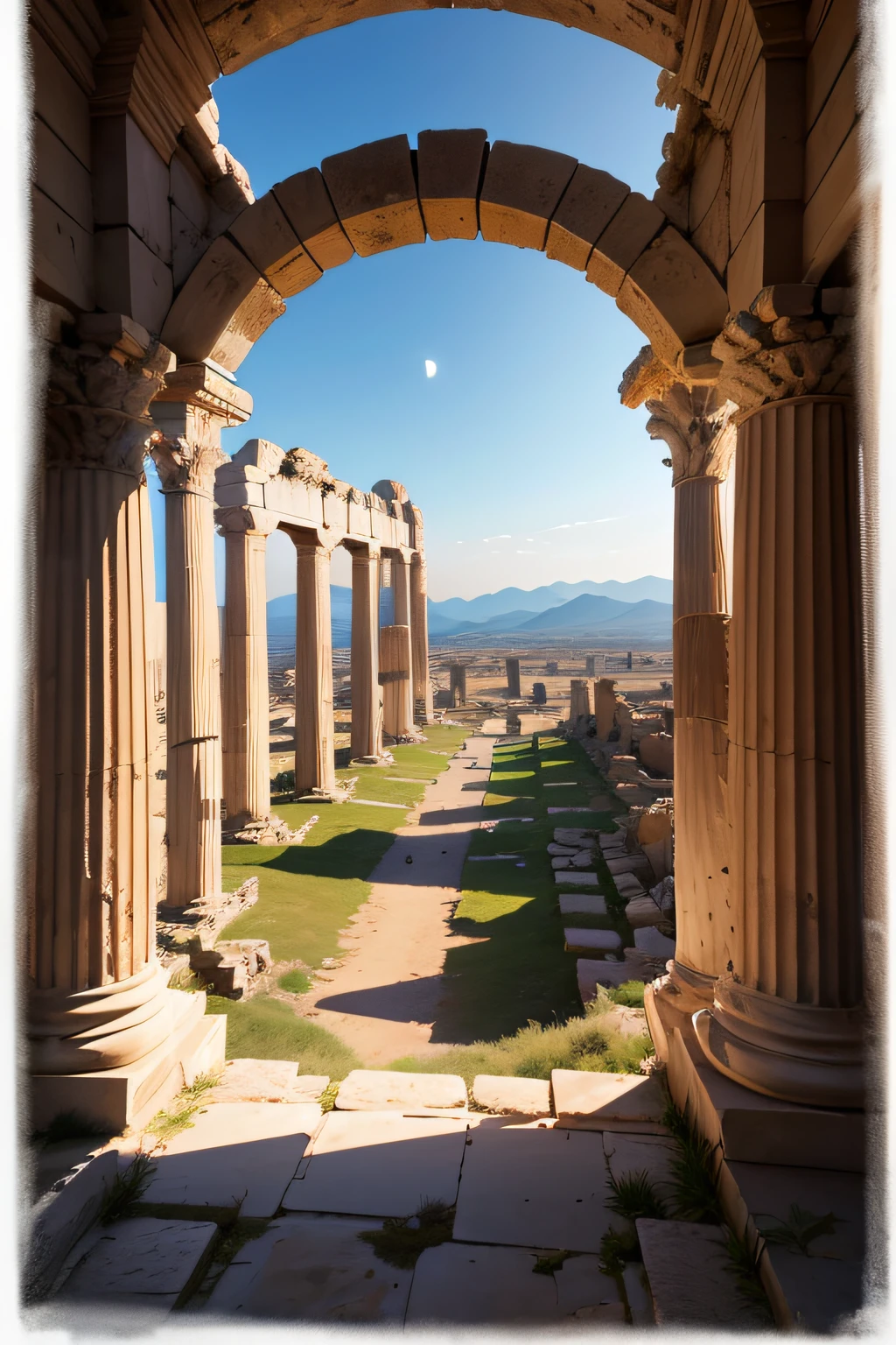 mitologia grega, templo de Atena, (ruins: 1.2), DESERTO, Marmore pillar, arco triunfal, ponte, paisagem urbana, ao ar livre, torre, lua, twilights, montanha, luz do sol,