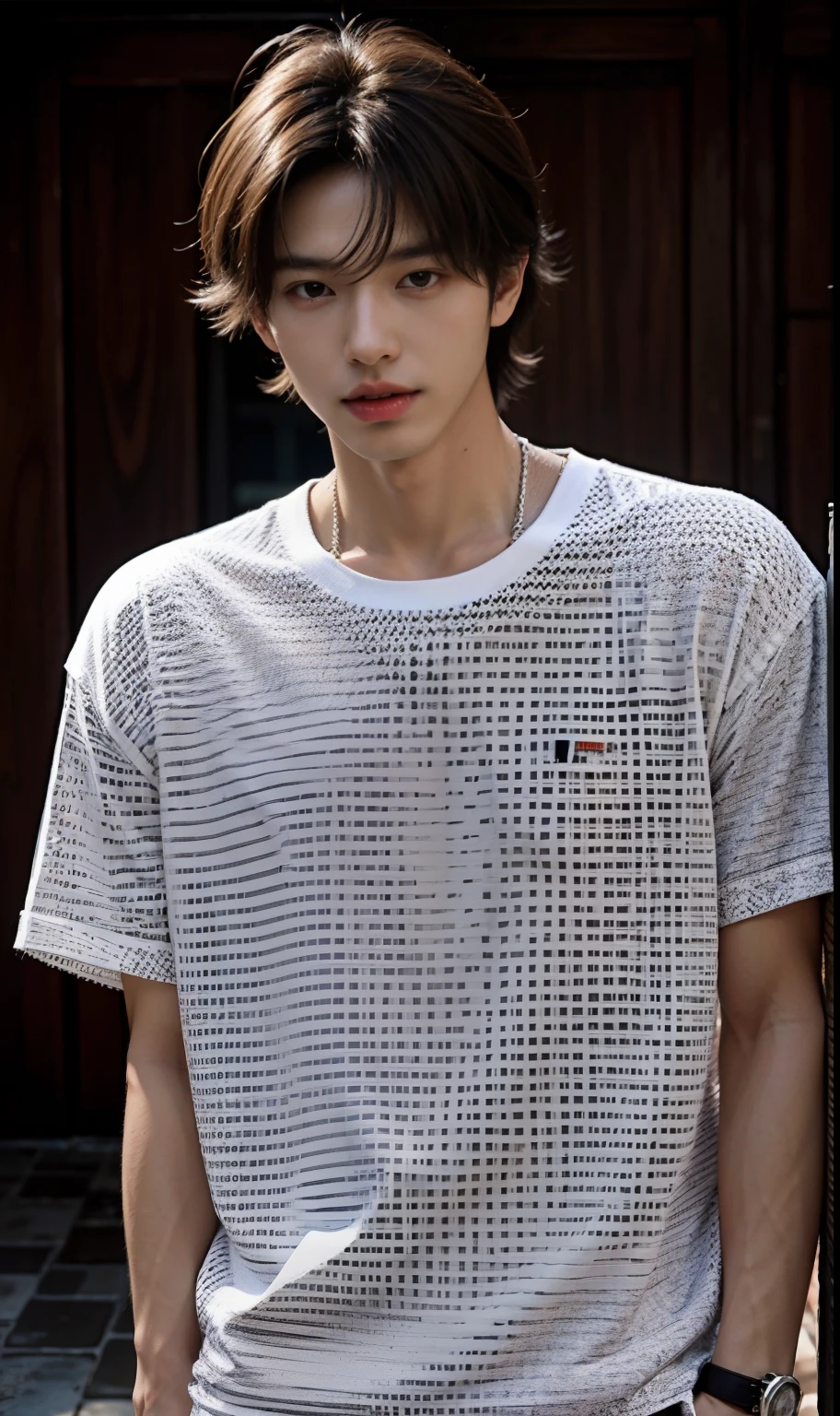 tmasterpiece,best qualtiy,hight resolution,超A high resolution,Johnny's,realisticlying,Young men,韓国アイドル、Handsome face,natural soft light,looking at viewert,Hawaiian cityscape、shopping、white t-shirts、Patterned short-sleeved shirt、half-pants、