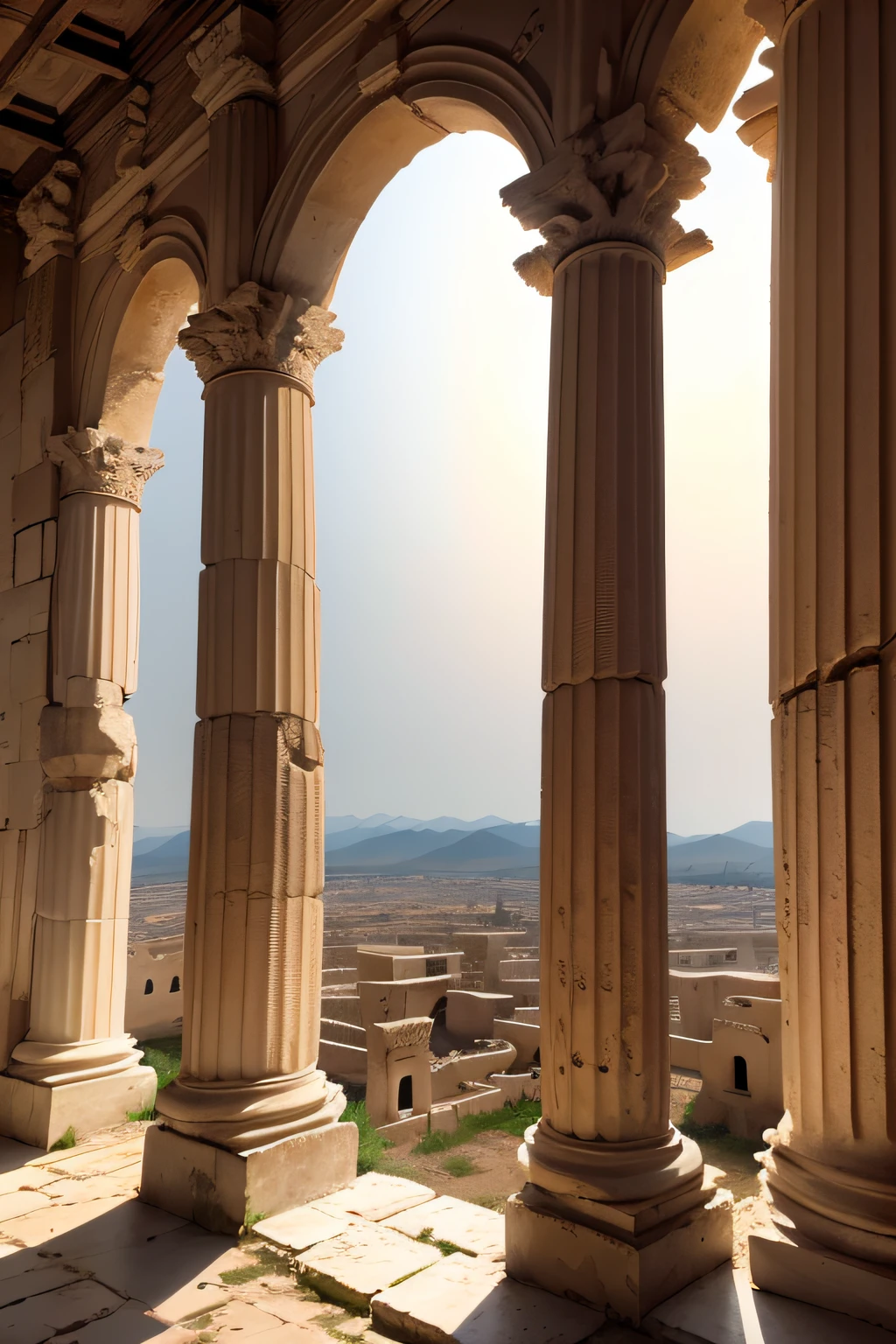 mitologia grega, templo de Atena, (ruins: 1.2), DESERTO, Marmore pillar, arco triunfal, ponte, paisagem urbana, ao ar livre, torre, lua, twilights, montanha, luz do sol,