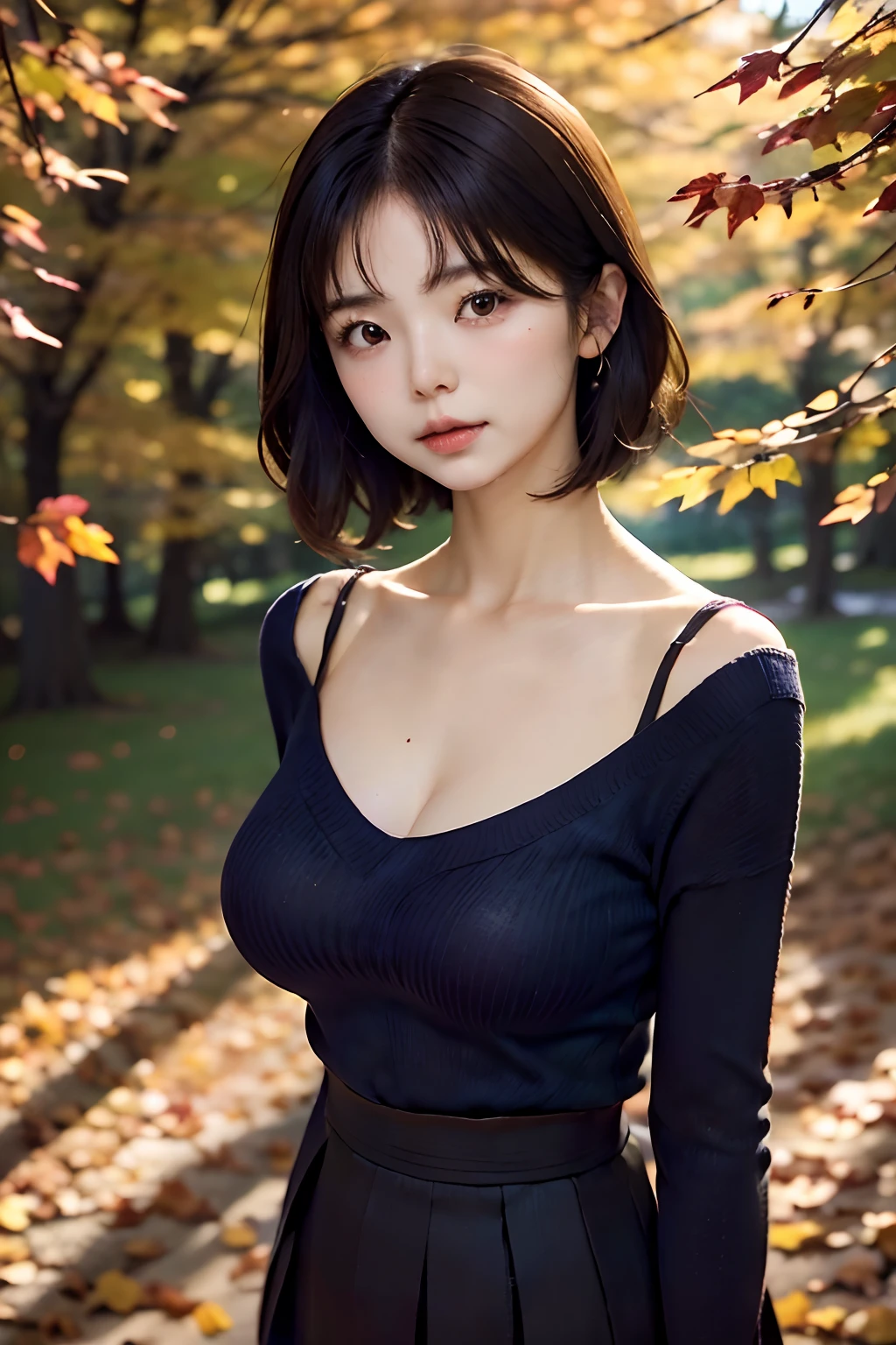 parfect anatomy、top-quality、masuter piece、ultra-detailliert、8k、独奏、15yo student、1 girl in、Brown-eyed、a short bob、Colossal tits、plump tits、Constricted waist、skinny body、Indigo V-neck knit、a red skirt、Natural look、Beautiful collarbone、plein air、Autumn Park、Trees with autumn leaves々、Path of falling leaves、(((I can't see the background:1.3)))