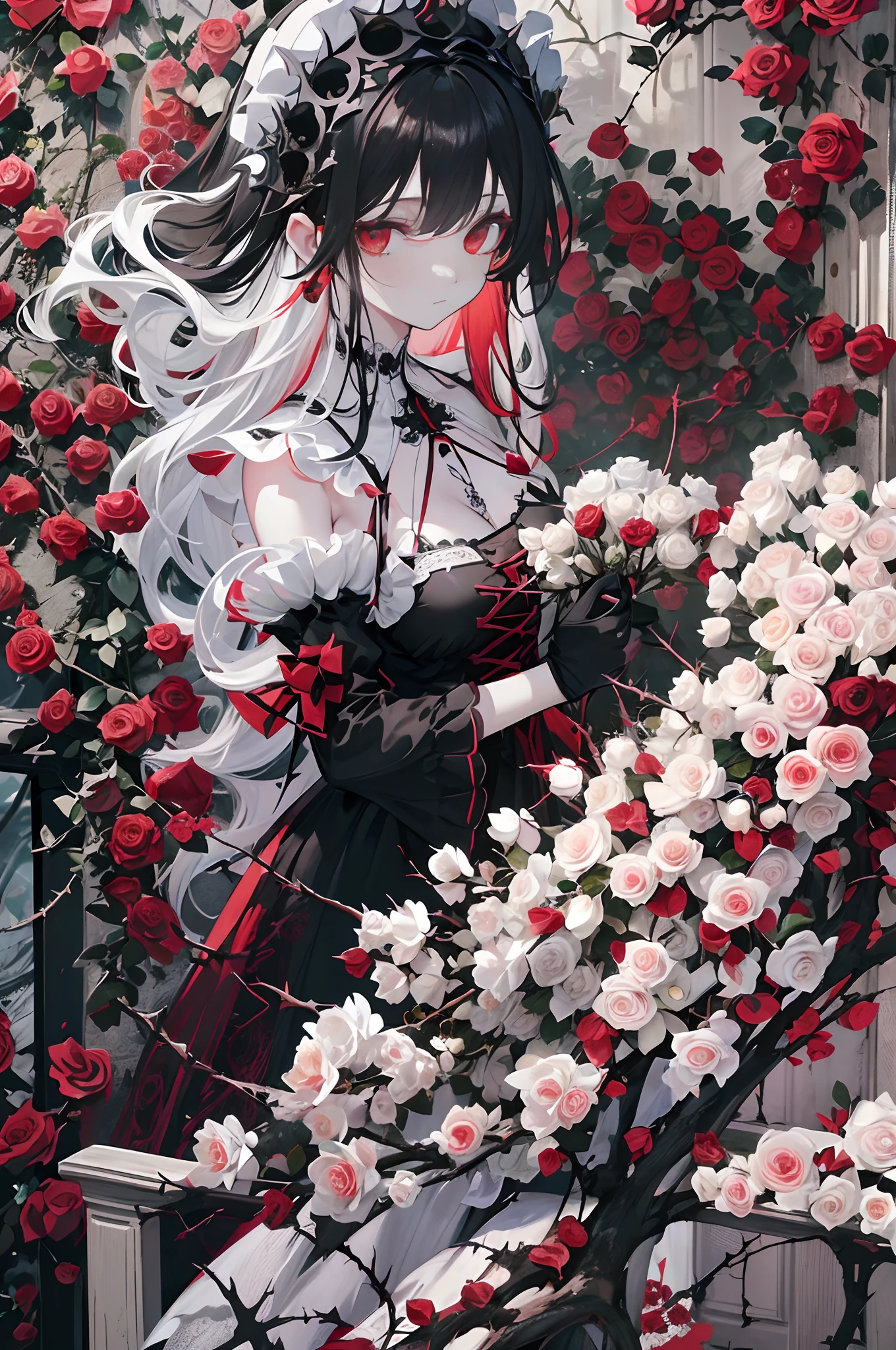 Pale painting style, One girl, long white shaggy, fluffy hair, long bangs between eyes, eyes slightly hidden by bangs,, Big pale red eyes, Staring eyes, Red Eye Shadow, long eyelashes, Smile, White skin like a doll, (Bright red roses and thorns tangled in the hair:1.3), Black Gothic Dress, (Beautiful black lace:1.3), Dark background, (Lots of red roses are blooming:1.5), ultra-quality, Super Detail, super detailed image, Close-up of face,
