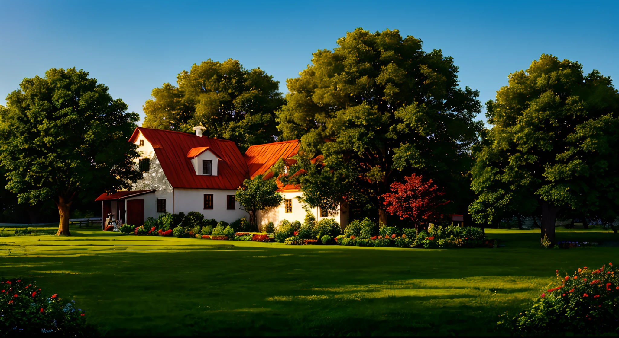 exterior design, a perspective of a farm, vibrant colors, trees, plants, elements of a farm.