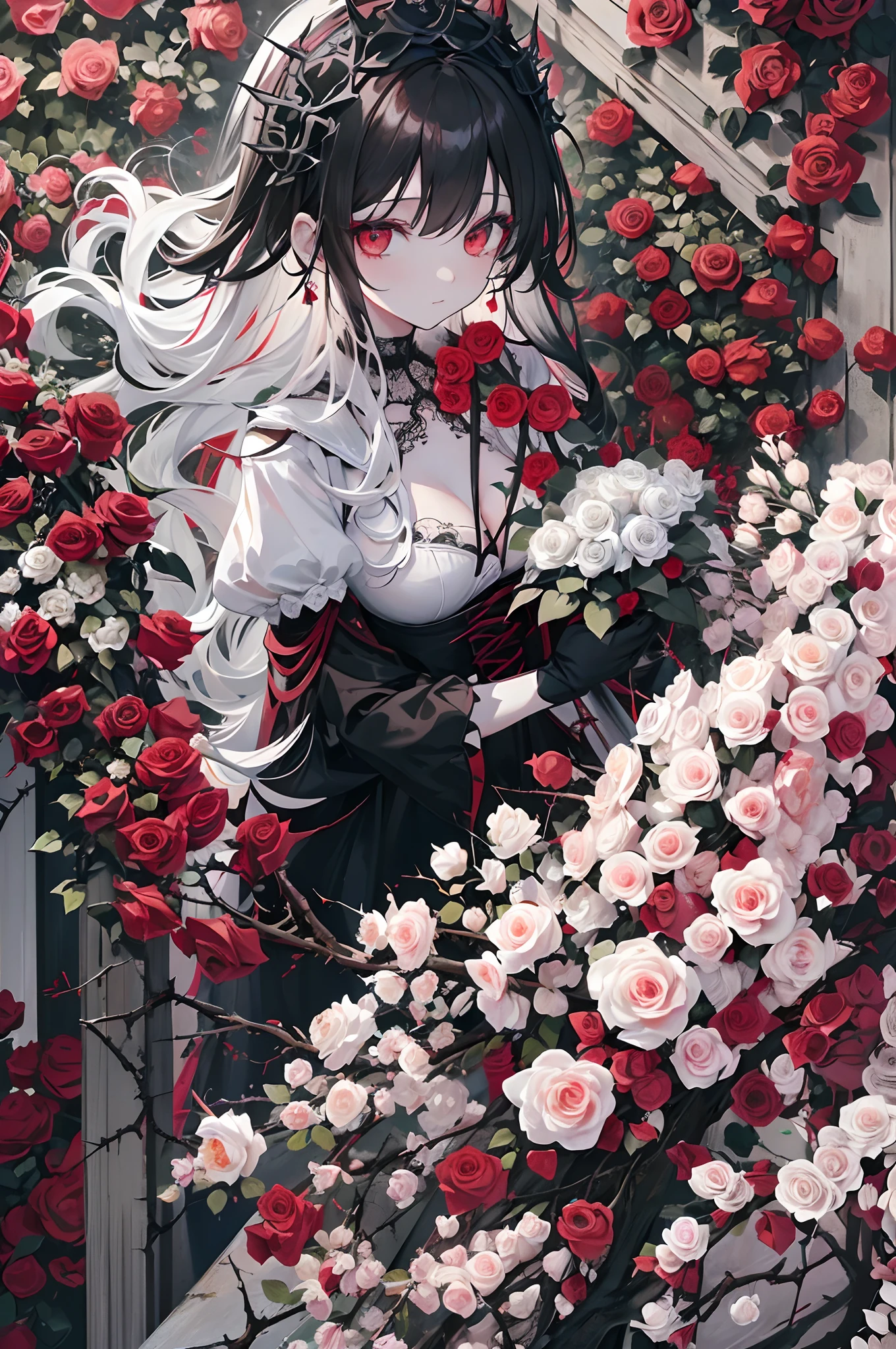 Pale painting style, One girl, long white shaggy, fluffy hair, long bangs between eyes, eyes slightly hidden by bangs,, Big pale red eyes, Staring eyes, Red Eye Shadow, long eyelashes, Smile, White skin like a doll, (Bright red roses and thorns tangled in the hair:1.3), Black Gothic Dress, (Beautiful black lace:1.3), Dark background, (Lots of red roses are blooming:1.5), ultra-quality, Super Detail, super detailed image, Close-up of face,