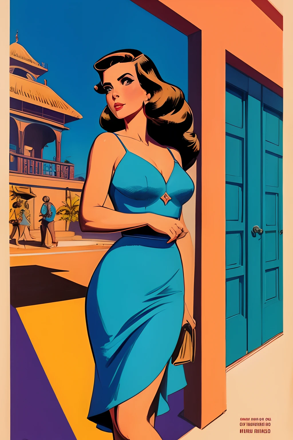 Arte inspirada John Buscema, master part, Melhor Filme, estilo de cultura pop art, estilo polpa , quebrar, uma mulher de 20 anos, Standing, usando vestido casual, as a real estate agent, in retro style, Looking friendly to the viewer, her two hands squandered as if inviting her to buy, roupas educadas, quebrar, (fundo branco liso), best angle, best view, corpo baleado