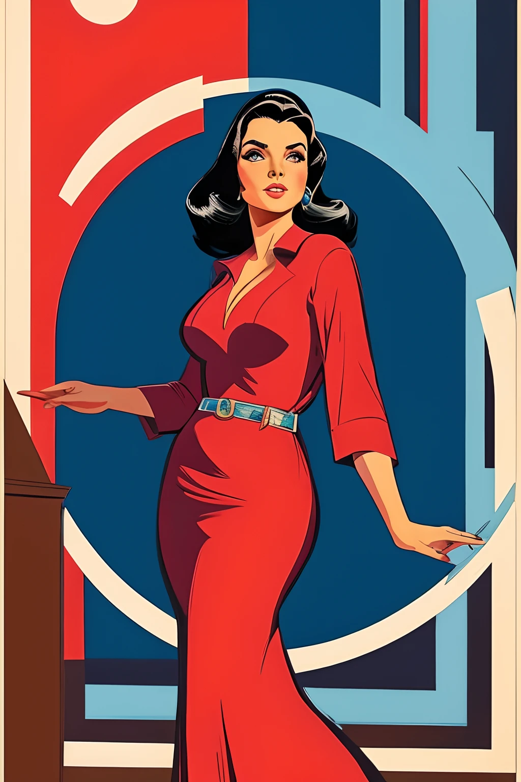 Arte inspirada John Buscema, master part, Melhor Filme, estilo de cultura pop art, estilo polpa , quebrar, uma mulher de 20 anos, Standing, usando vestido casual, as a real estate agent, in retro style, Looking friendly to the viewer, her two hands squandered as if inviting her to buy, roupas educadas, quebrar, (fundo branco liso), best angle, best view, corpo baleado