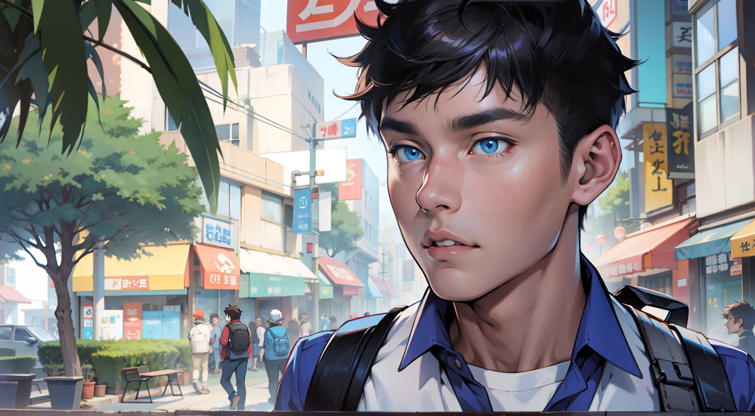 15-year-old Korean anime character with blue eyes and backpack in a city, 2D Comic