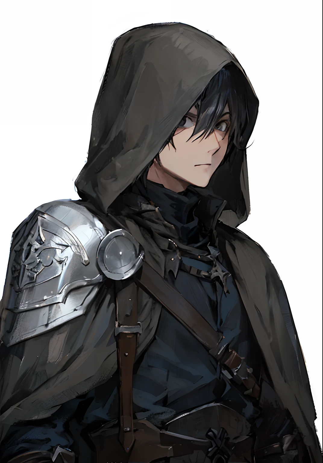 um desenho de um homem com uma jaqueta com capuz e um cinto de couro, d&d protagonista, killy de culpa!, Personagem de RPG, vestindo capa escura, Arte do personagem RPG, personagem de anime masculino, Kirito, vestindo um manto preto, pale black armor, Personagem JRPG, usando uma armadura escura, personagem de anime, Preto - Mago Cabelo, steel inquisitor from mistborn