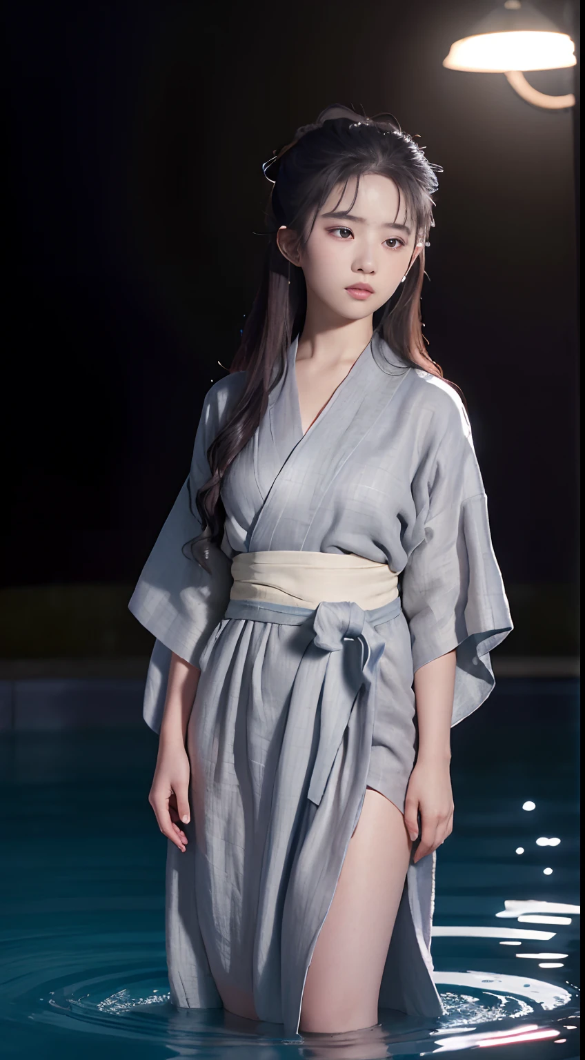 ((Best quality, 8K, Masterpiece :1.3)), Sharp focus:1.2 ， Photorealsitic，(Cinematic lighting)，Facial detail texture. Eye details. Double eyelids, Slender body. Super small breasts, , photo-realistic:1.37，Perfect eyes, ((1 girl in a white yukata))，（white sash），(Thick fabric)，((Ragged linen))，With a petite figure，brunette color hair，Long hair draped loosely，Qi bangs，Stand in a cold pool，Full body like，Clothing covers the whole body，folds，((solid color backdrop))，is shy，Be red in the face