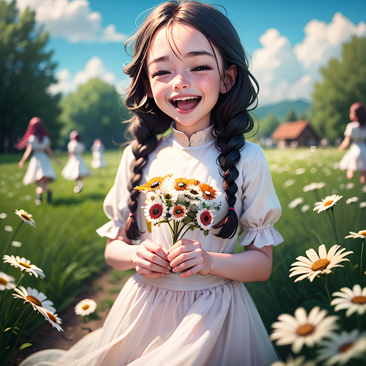 children playing, daisies, happy, colourful field, laughing, joy, plaited braided long hair, multicultural, outside achurch --auto --s2