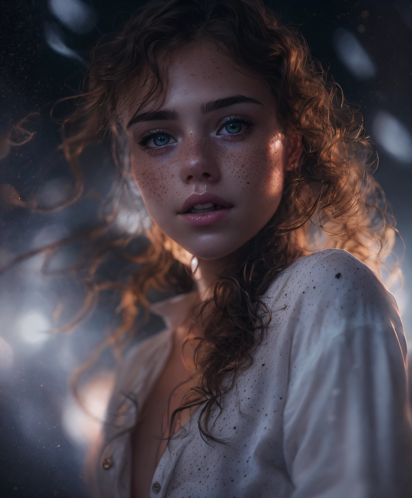 Close-up, beautiful girl, physical rendering photo of an 18 year old girl, curls, freckles, unbuttoned, white blouse, black background, light on face, dream, magical atmosphere, cinematic lighting, embers, fantasy, action pose, mist, CRU photo, 8k uhd, film grain