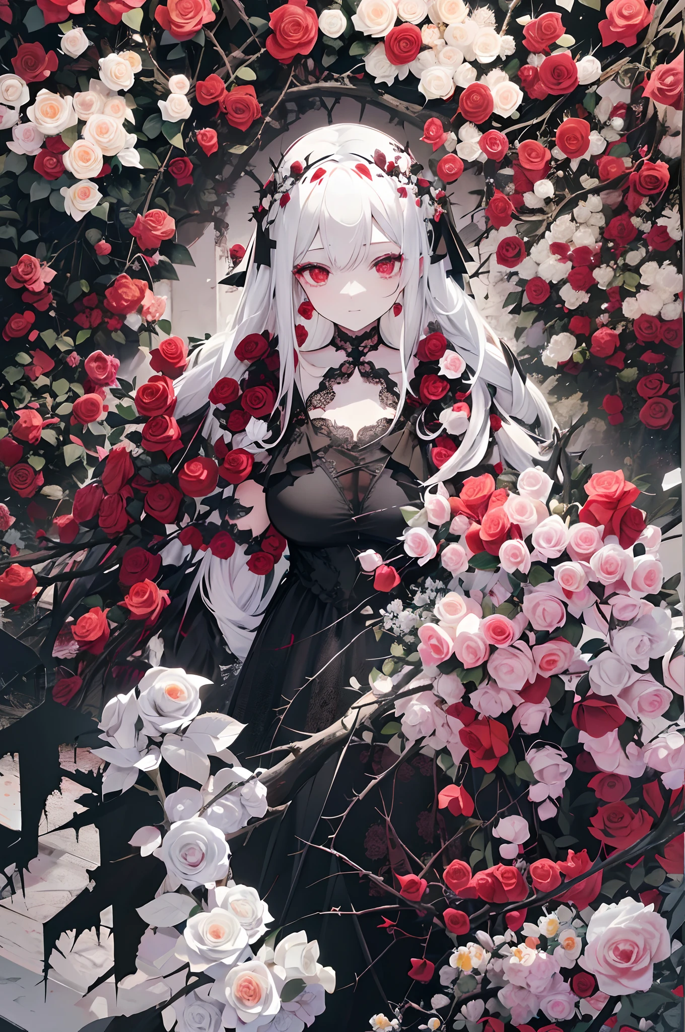 Pale painting style, One girl, long white shaggy, fluffy hair, long bangs between eyes, eyes slightly hidden by bangs,, Big pale red eyes, Staring eyes, Red Eye Shadow, long eyelashes, Smile, White skin like a doll, (Bright red roses and thorns tangled in the hair:1.3), Black Gothic Dress, (Beautiful black lace:1.3), Dark background, (Lots of red roses are blooming:1.5), ultra-quality, Super Detail, super detailed image, Close-up of face,