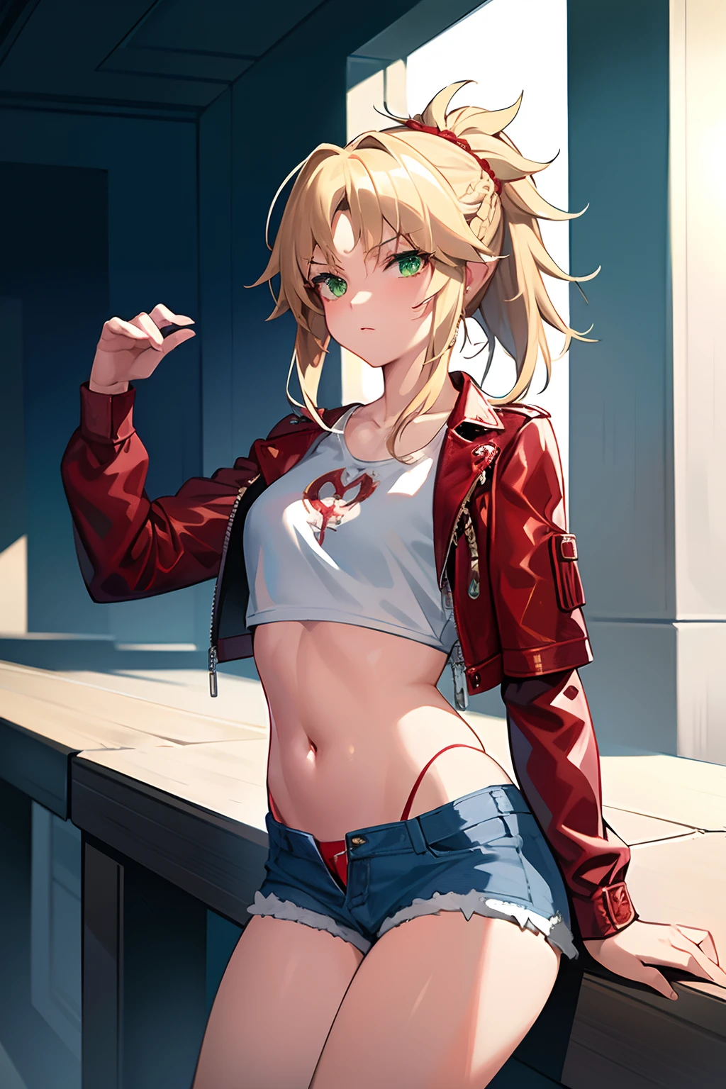 masterpiece, best quality, illustration, city street, 1girl, mordred \(fate\), cowboy shot, skinny, collarbone, detailed blonde hair ponytail braid, green eyes, red leather jacket, white crop top, denim shorts