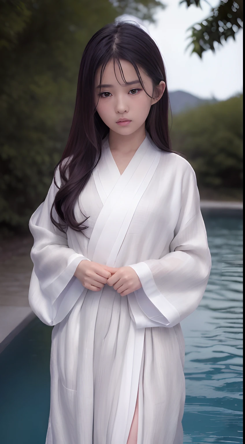 ((Best quality, 8K, Masterpiece :1.3)), Sharp focus:1.2 , Photorealsitic,(Cinematic lighting),Facial detail texture. Eye details. Double eyelids, Slender body. Super small breasts, 12-year-old girl, photo-realistic:1.37,Perfect eyes, ((1 girl in a white yukata)),(white sash),(Thick fabric),((Ragged linen)),With a petite figure,brunette color hair,Long hair draped loosely,Qi bangs,Stand in a cold pool,Full body like,Clothing covers the whole body,folds,(solid color backdrop),is shy,Be red in the face