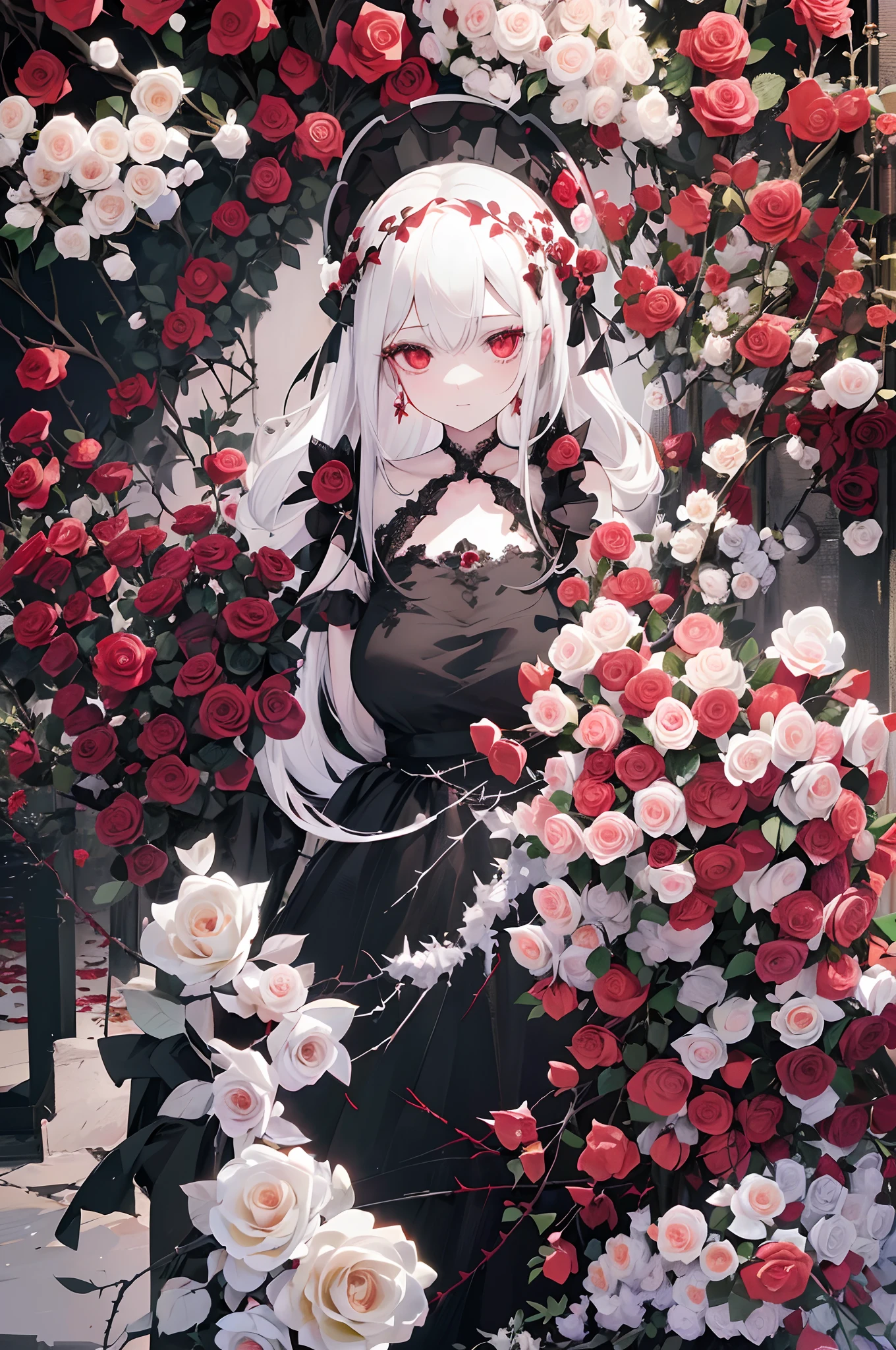a girl hug a skeleton, There are red flowers growing on the skeleton, red flower, gore, illustration, dark, blood, 25 year old,
