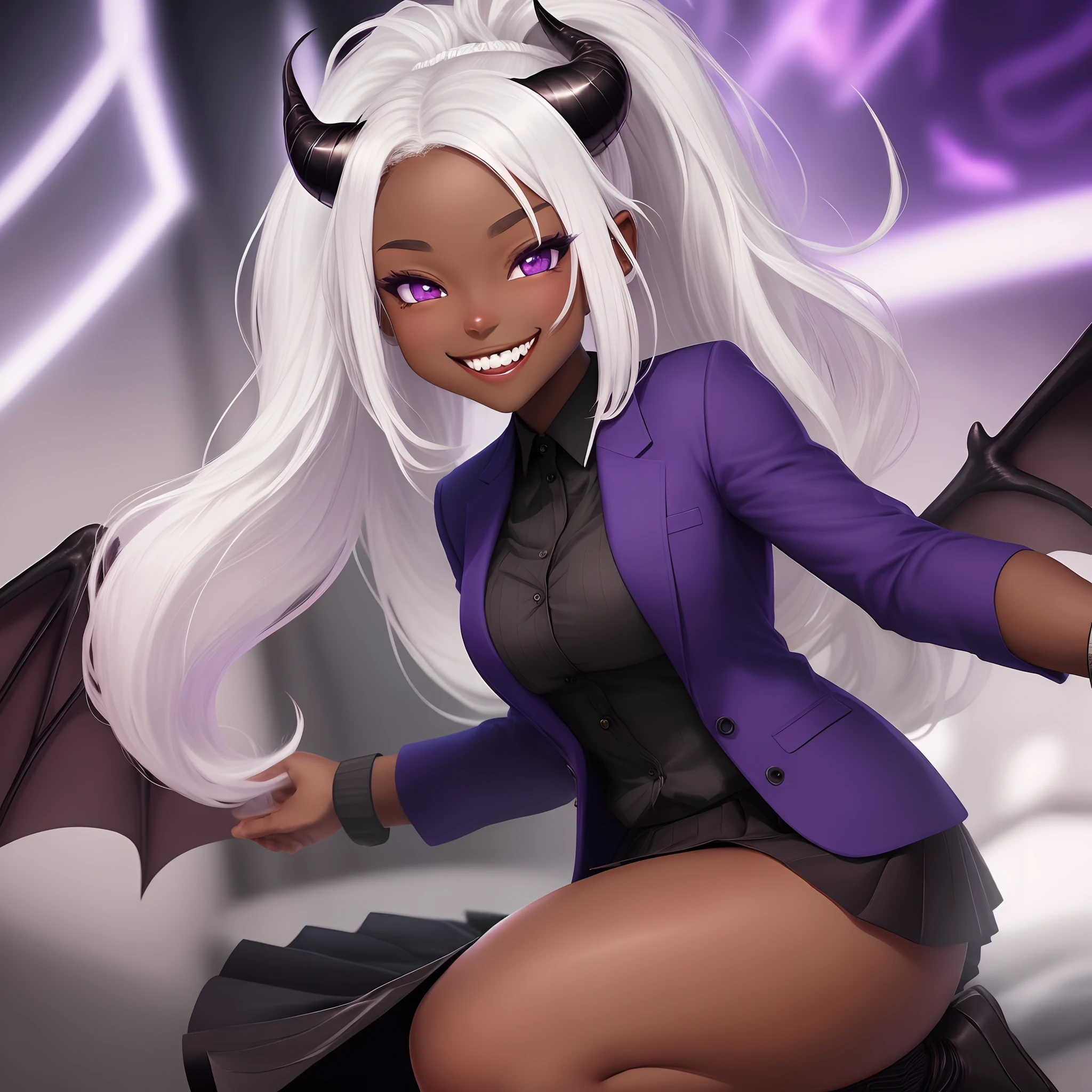 Dark skin girl, muscular body, white hair, purple eyes, devil horns, wings , ponytail, dark skinned, wearing a suit with skirt, wearing leg warmers, evil grin, energetic smile, black skin,