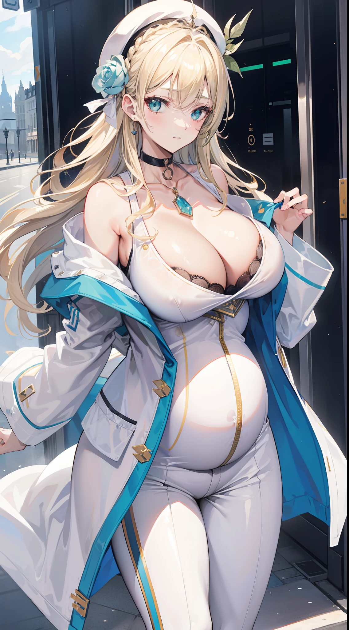 Chains，耳Nipple Ring，choker necklace，Forehead，middle parted hairstyle，femele，Train station，a beauty girl，Long light blonde hair，green pupills，Business suit，white business suit，in suit，White color blouse，shorter pants，wind coat，Cowboy hat，Flower arrangement on a hat，The streets of London，high-heels，obi strip，tiese，wind coat，ssmile，huge tit，(cleavage)，deep v big breasts，(prengant)，Pregnant women with