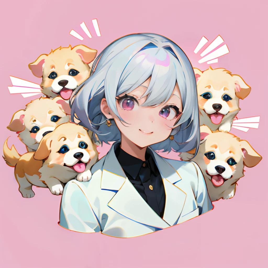 Anime girl with silver hair and pink eye edging, official artwork, , Lori, anime style portrait, anime moe art style, 2 d anime style, Cute art style, Stylized anime, Anime Art Style, Anime style. 8K, anime style 4 k, Anime Art Style, digital anime art!!、White puppy、fluffly、Baby Golden Retriever、blanche、Vigorous、A charming smile、Office Lady Style Clothes、Wearing a suit、Deformed puppy、raise the front paws、Everyday background、