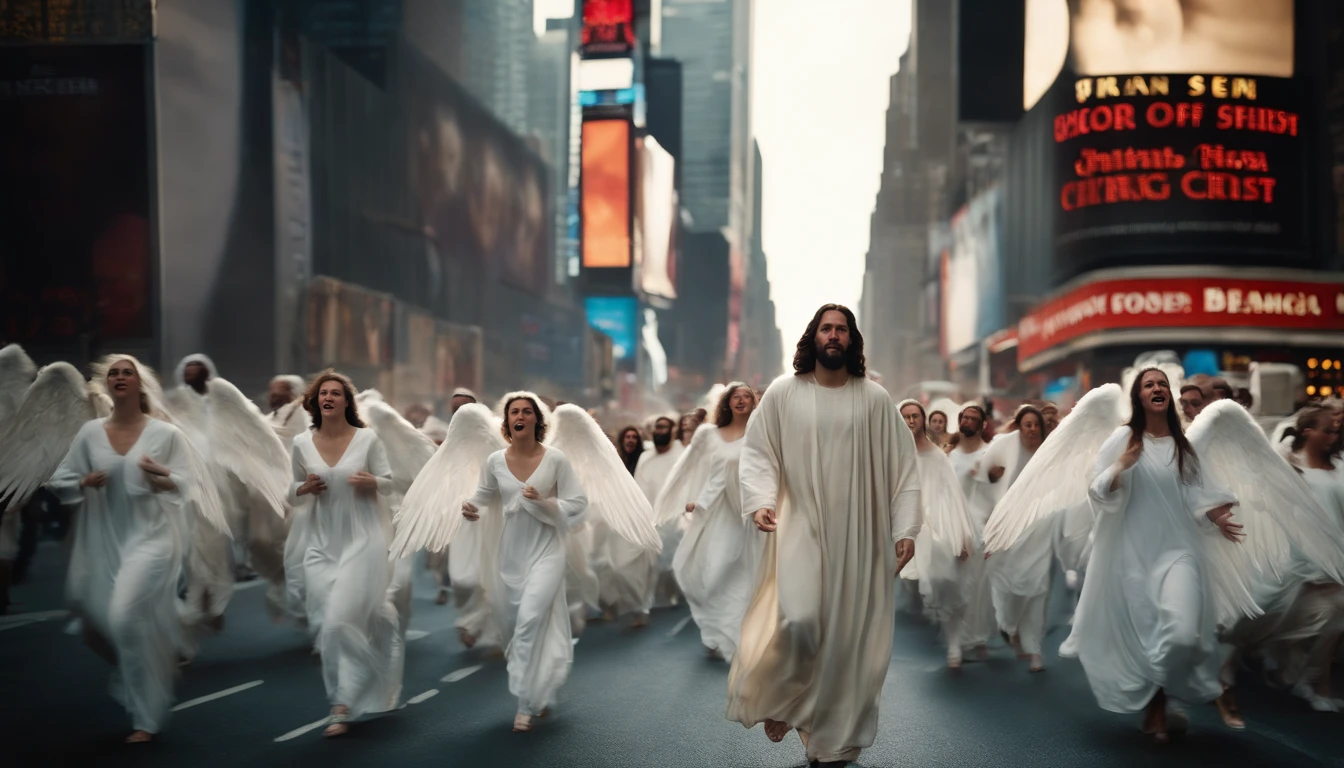 scene of the Bible rapture, jesus in heaven with angels, city on knees, frightened, people running, new york city, time square, return of christ, return of christ, scene of the second coming of christ, angels in heaven, jesus christ white in heaven
