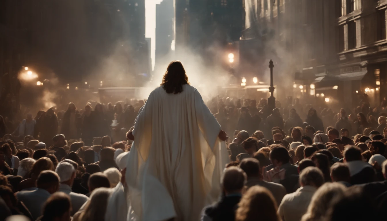 scene of the Bible rapture, jesus in heaven with angels, city on knees, frightened, people running, new york city, time square, return of christ, return of christ, scene of the second coming of christ, angels in heaven, jesus christ white in heaven