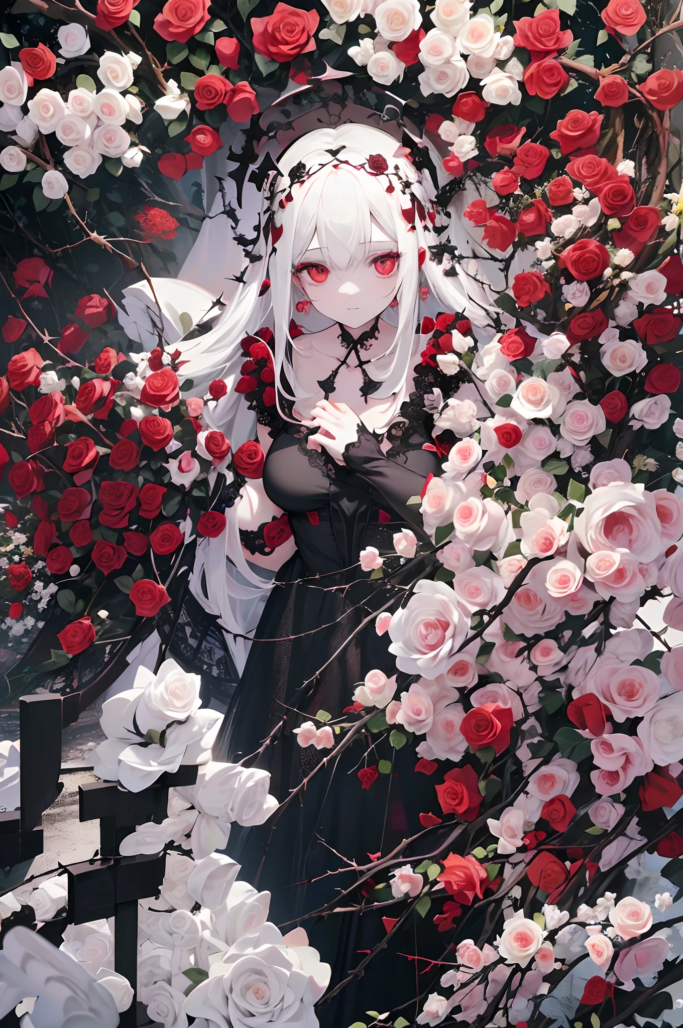 Pale painting style, One girl, long white shaggy, fluffy hair, long bangs between eyes, eyes slightly hidden by bangs,, Big pale red eyes, Staring eyes, Red Eye Shadow, long eyelashes, Smile, White skin like a doll, (Bright red roses and thorns tangled in the hair:1.3), Black Gothic Dress, (Beautiful black lace:1.3), Dark background, (Lots of red roses are blooming:1.5), ultra-quality, Super Detail, super detailed image, Close-up of face,