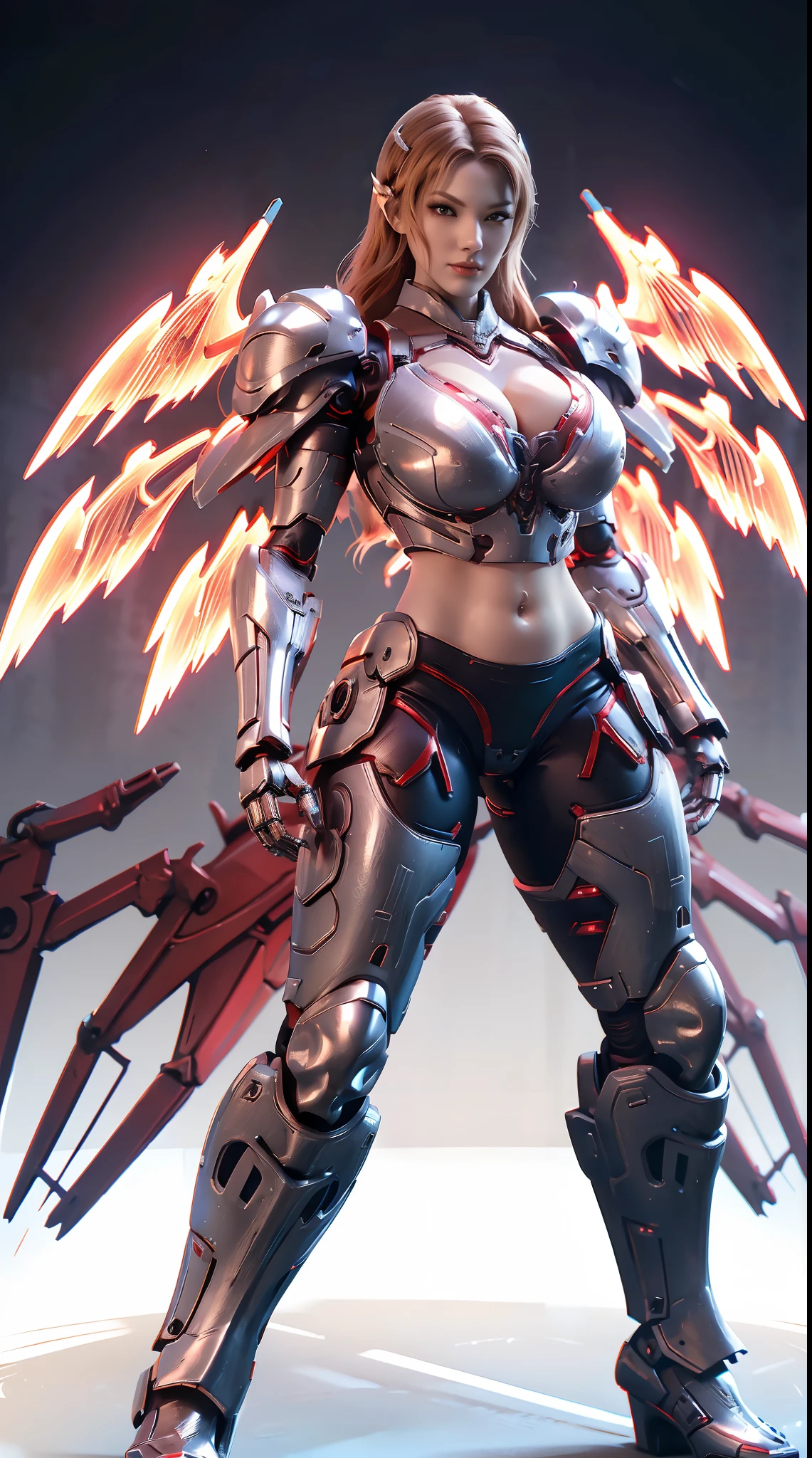 HUGE FAKE BOOBS, (BEAUTIFUL FACE, (RED:1.2, WHITE:0.8, RGB:1), (CROP TOP MECHA ARMORED GEAR), (((A PAIR OF HUGE MECHANICAL WINGS SPREAD OUT))), FUTURISTIC DRAGON MECHA SUIT, (CLEAVAGE), (SKINTIGHT YOGA PANTS), (PERFECT BODY:1.2), (FULL BODY VIEW), FRONT, (STANDING:1), (MECHANICAL HIGH HEELS), MUSCLE ABS, UHD, 8K, 1080P.