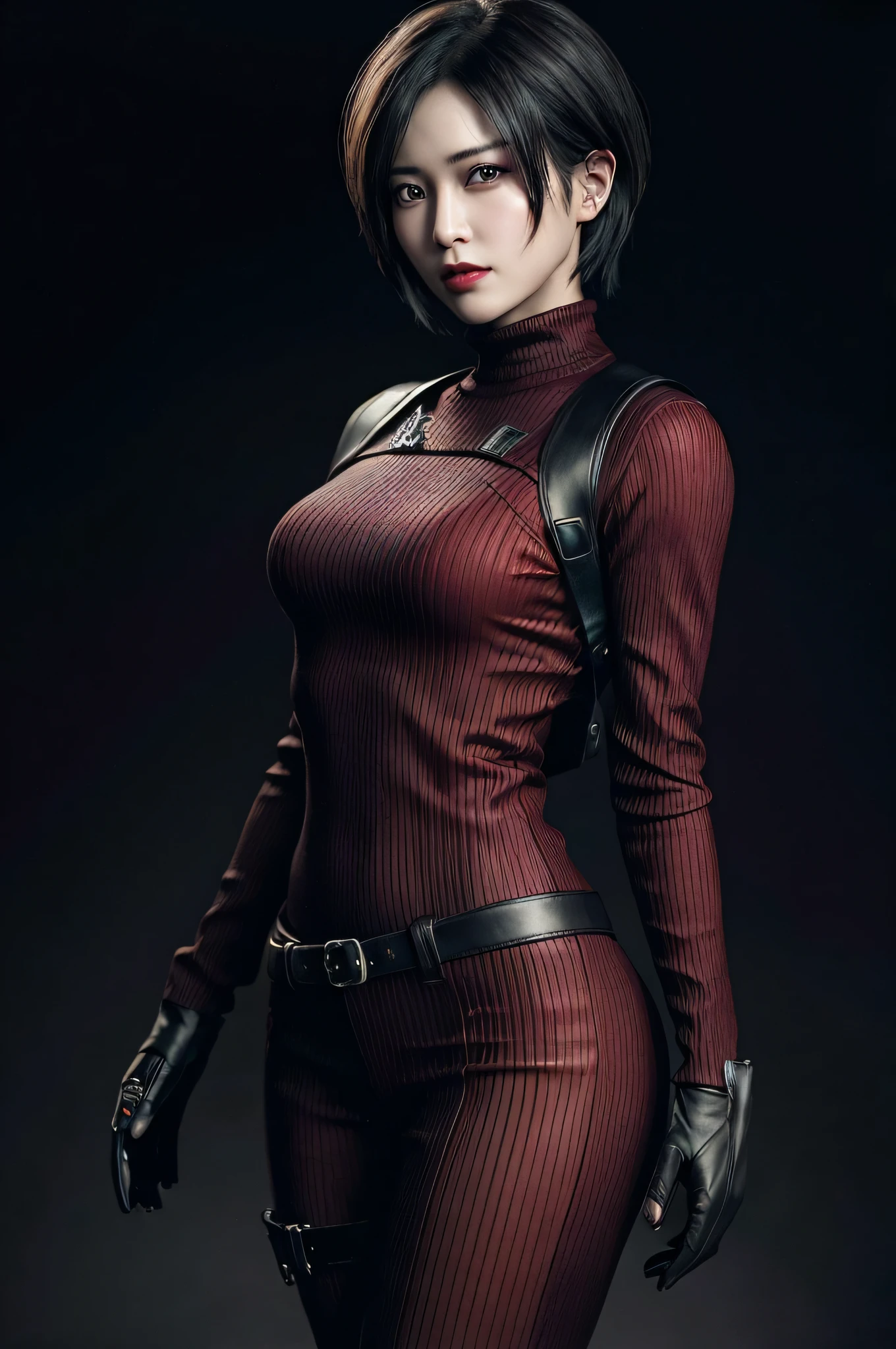 Ada wong form resident evil, short black hair,Red dress , medium breast, black background, ultra realistic, ultra detail, high quality, best quality, masterpiece, HD,4K,70mm lens