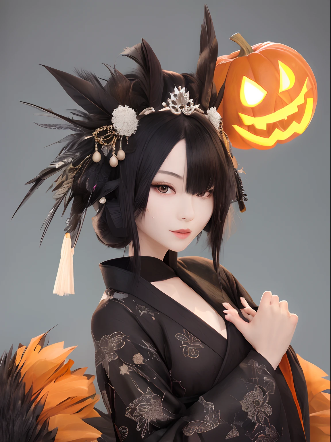 She has multiple black feathers on her head.
She is a very elegant and beautiful girl around 20 years old.
She wears a black and white shoulder-length kimono.
She holds a jack-o'-lantern in her hand. The background is a Western-style burial mound. Her face is covered with fancy makeup. There is a cute stuffed jack-o'-lantern on the ground.