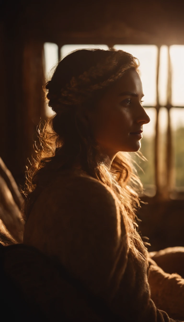 uma rainha de cabelos castanhos, sentada em seu trono. sunlight reflecting off the scenery