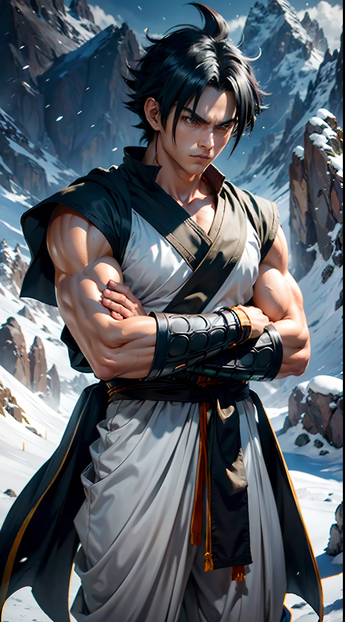 1 male, Goku, black hair, arms crossed, standing, upper body portrait, 8k, masterpiece, UHD, HDR, very detailed, mountain background, serious face, greyscale color, anime art style,