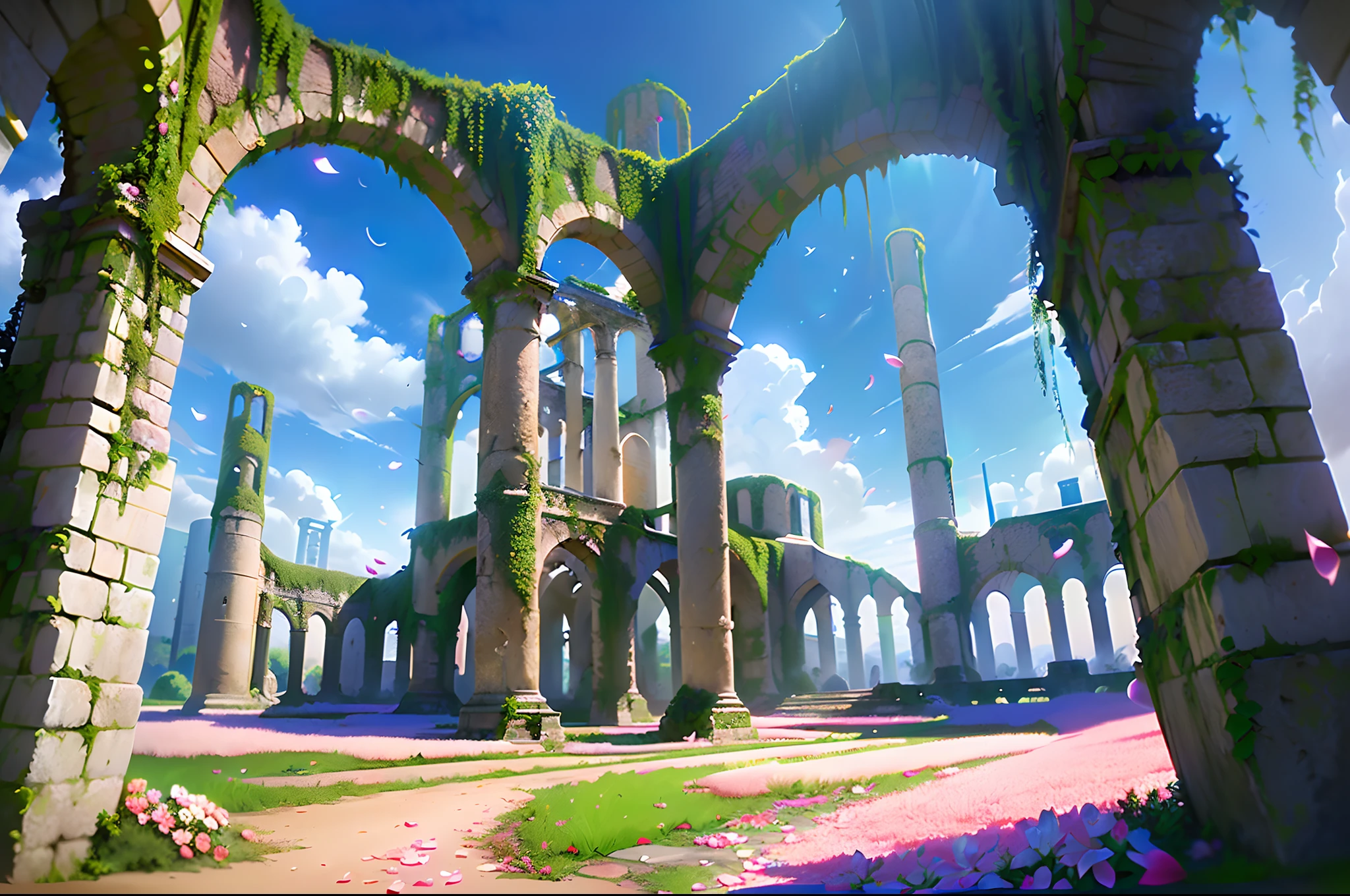 Game illustration, scenery, sky, no humans, cloud, day, arch, flower, petals, outdoors, pillar, fantasy, blue sky, ruins, building, vines