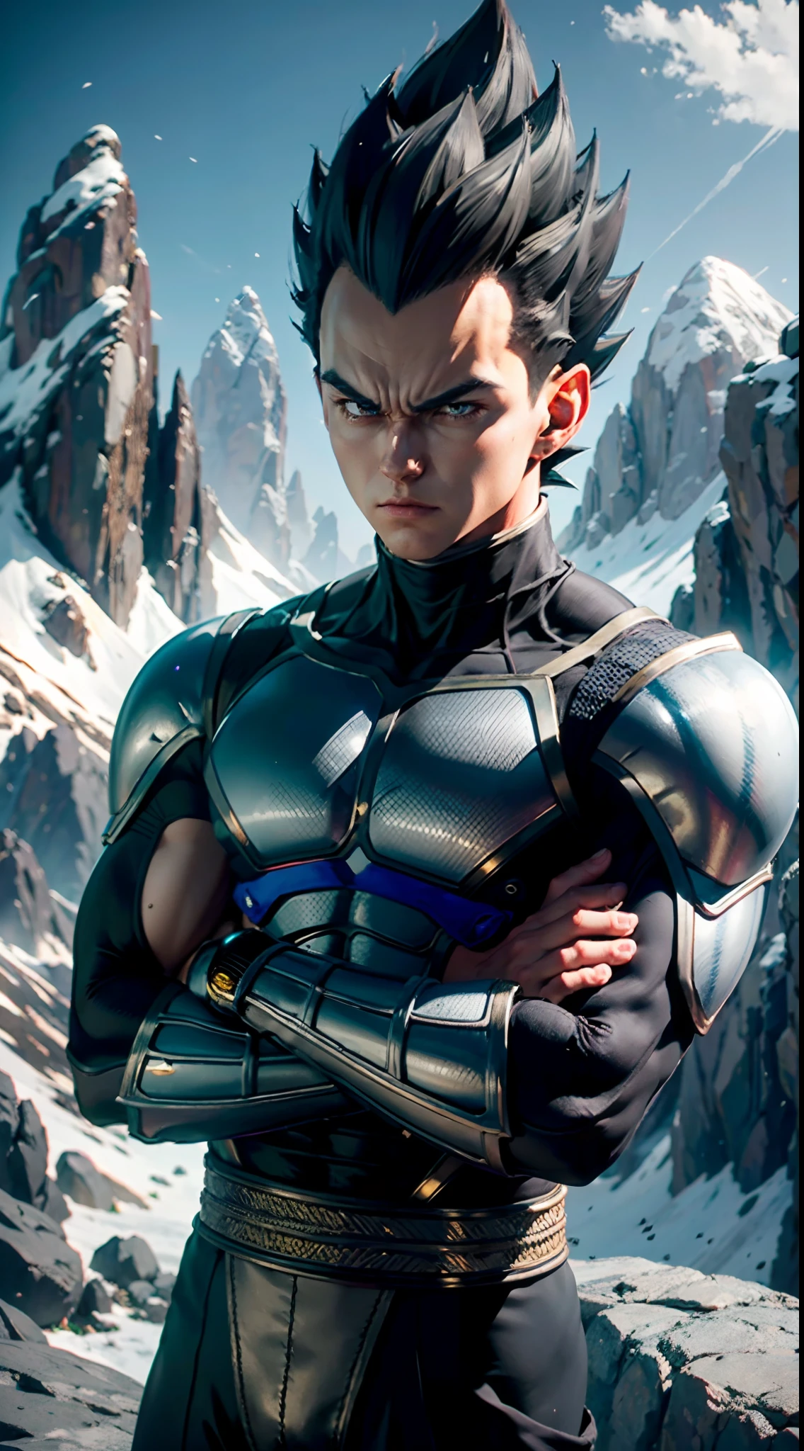1 male, Vegeta, black hair, arms crossed, standing, upper body portrait, 8k, masterpiece, UHD, HDR, very detailed, mountain background, serious face, greyscale color, anime art style,
