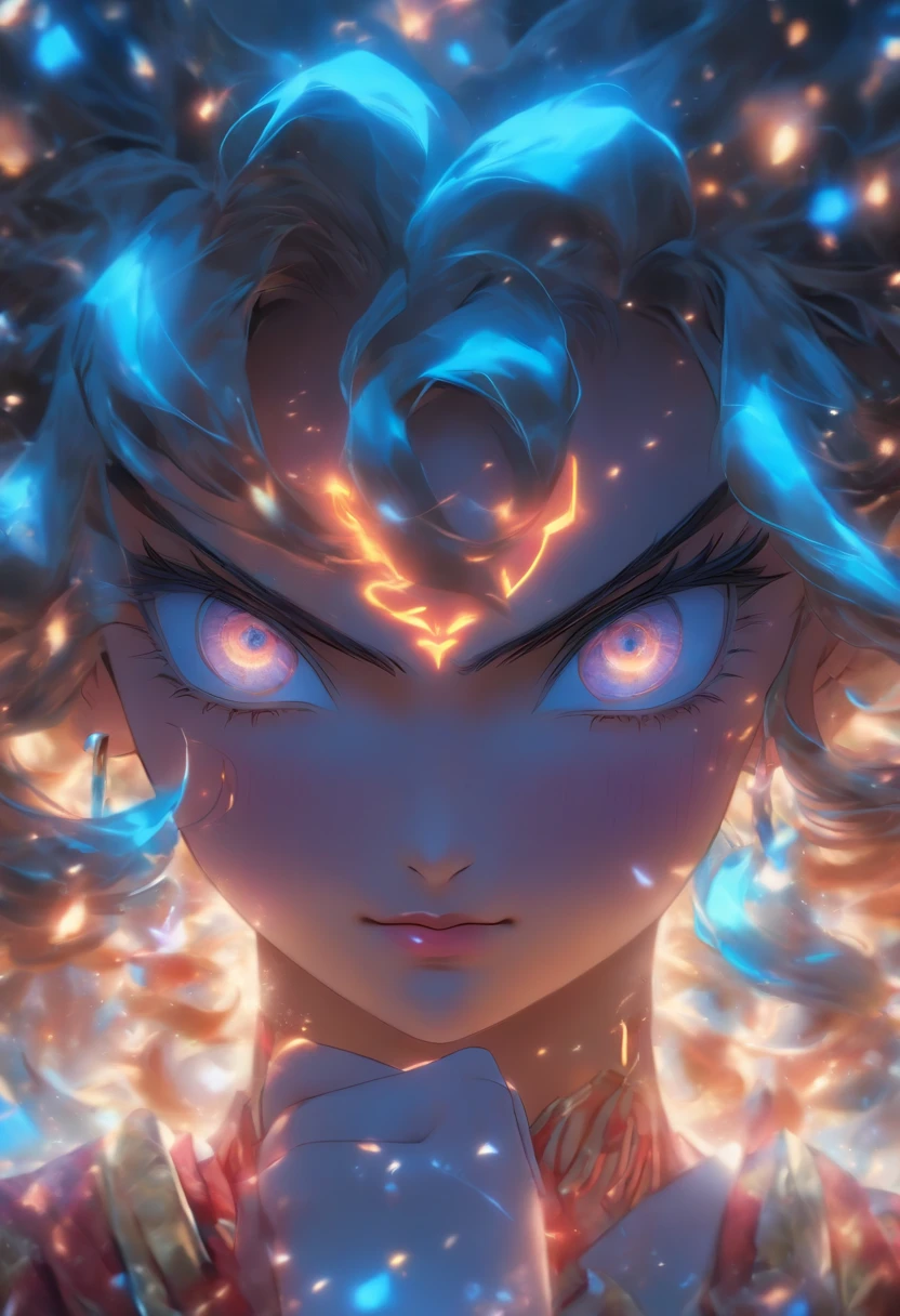 Divine Spirit, garota feroz, Representation of the sign of Leo, confident expression, cores vibrantes, detailed eyes and lips, mystic atmosphere, fundo celeste, Artistic illustration, alta qualidade (8K resolution:1.2), realism rendering, soft lighting.