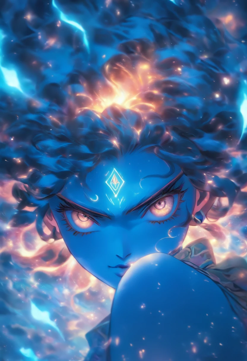 Divine Spirit, garota feroz, Representation of the sign of Leo, confident expression, cores vibrantes, detailed eyes and lips, mystic atmosphere, fundo celeste, Artistic illustration, alta qualidade (8K resolution:1.2), realism rendering, soft lighting.