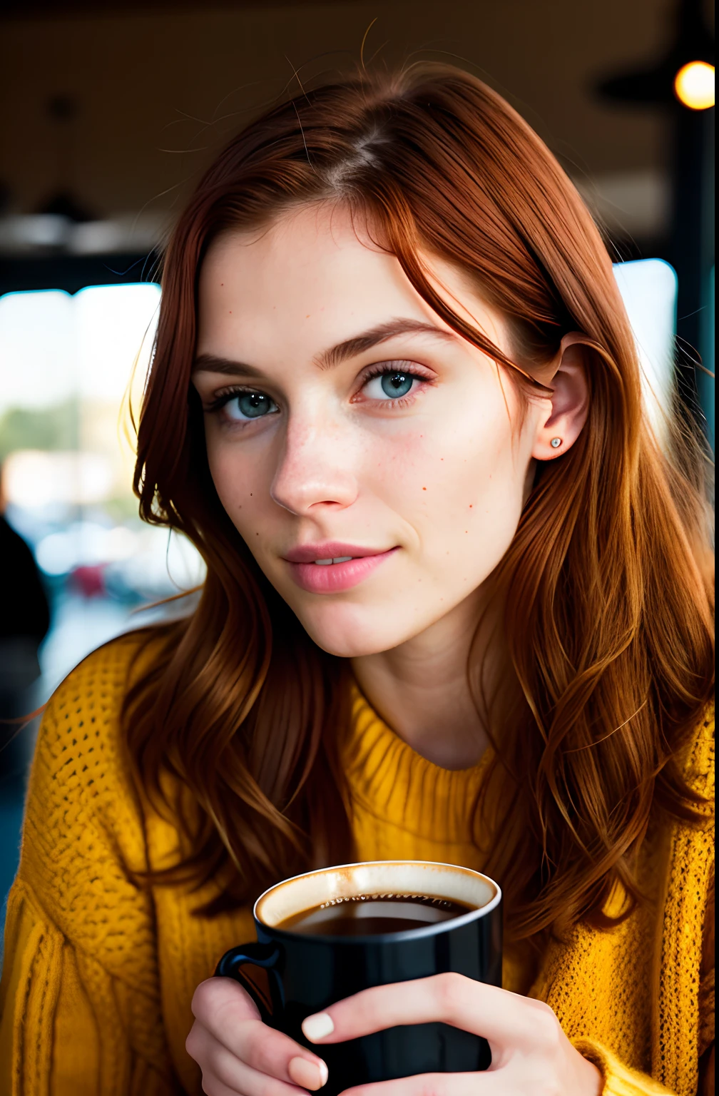 cute beautiful red haired wearing yellow sweater (drinking coffee inside a modern cafe at sunset), very detailed, 21 years old, inoccent face, natural wave hair, blue eyes, high-res, masterpiece, best quality,intricate details, highly detailed,sharp focus, detailed skin,realistic skin texture,texture, detailed eyes, professional, 4k, charmer smile, shot on Canon, 85mm,shallow depth of field,kodak vision color, perfect fit body, extremely detailed, photo_\(ultra\), photorealistic, realistic, post-processing, max detail, roughness, real life, ultra realistic, photorealism, photography, 8k uhd, photography