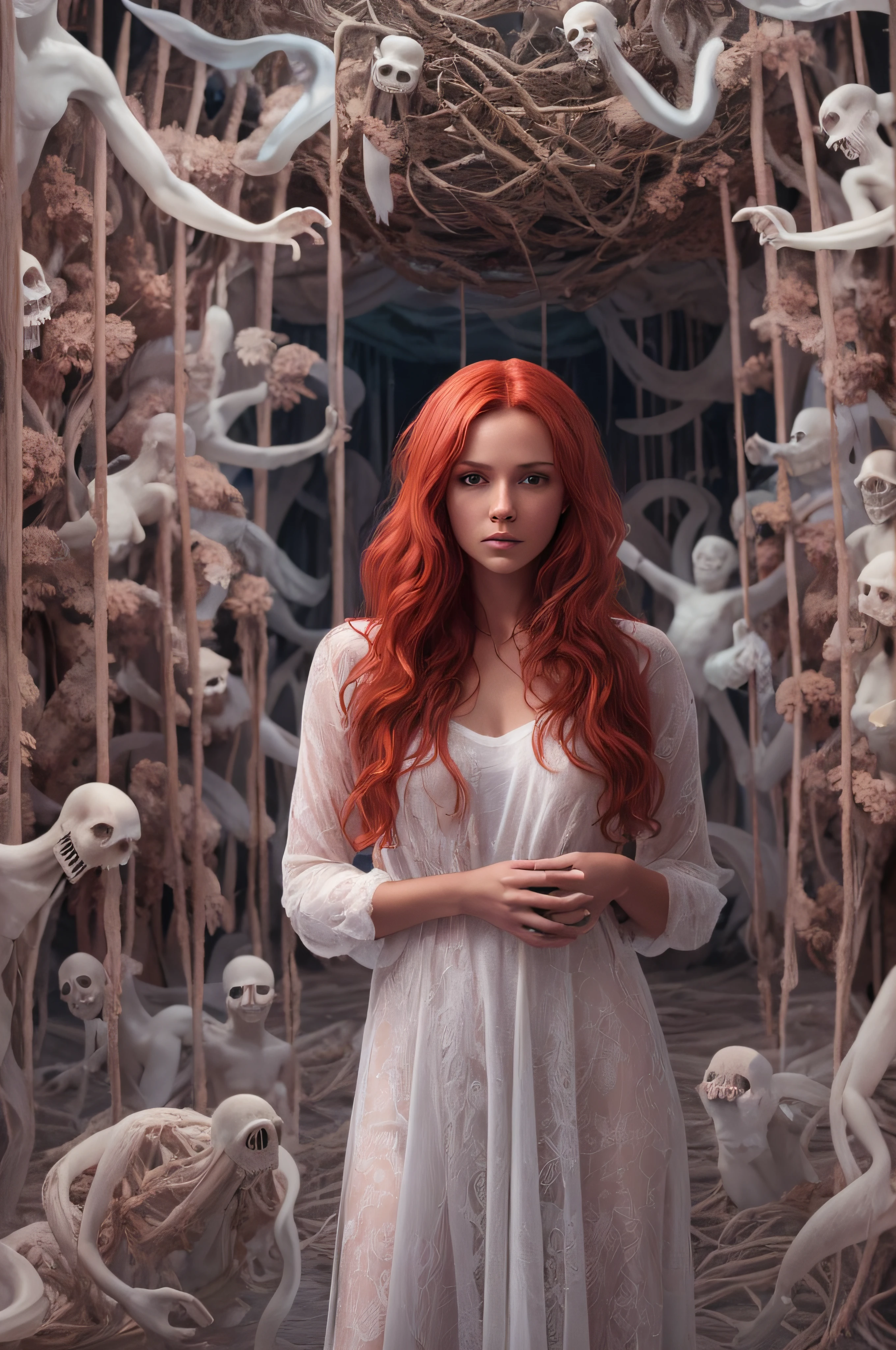 A full body of a naked red-haired tanned beautiful woman, dressed in light clothes, surrounded by a horrible dream world with  naked ghosts, skelets, and monsters. 8K, realistic photo, masterpiece