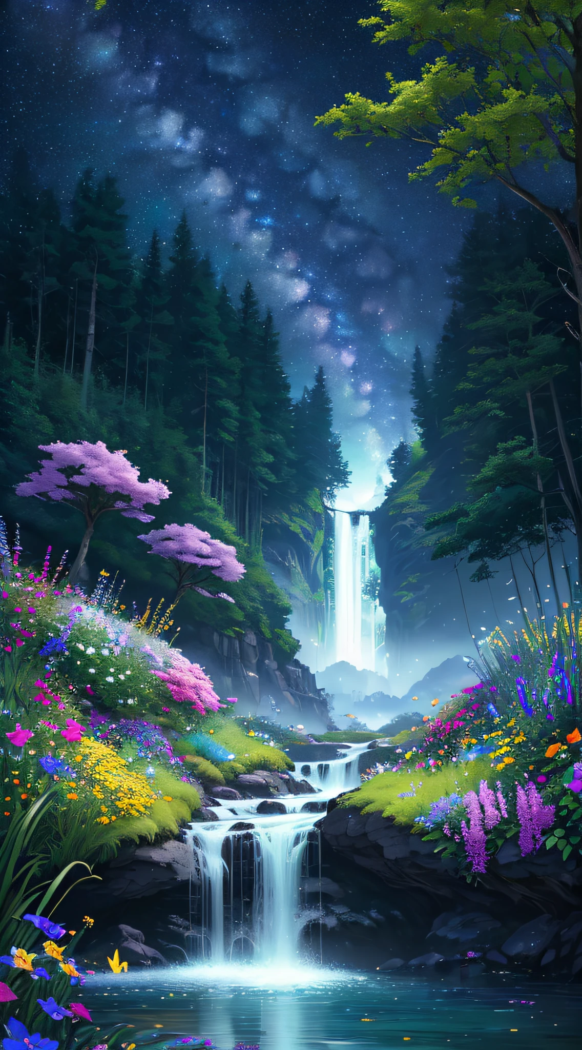 masterpiece, best quality, high quality, extremely detailed cg unity 8k wallpaper, an extremely colorful and purely fantasy environment with vibrant hues and a bright night sky, sky full of stars, landscape of bright green grass, colorful trees, glittering fruits, and bright glowing blue flowers. the streams are a deep shade of black, and the air is filled with sweet exotic scents. the environment appears to be taken out of a dream, with luminescent butterflies and giant colorful birds flying around, award winning photography, bokeh, depth of field, hdr, bloom, chromatic aberration ,photorealistic,extremely detailed, trending on artstation, trending on cgsociety, intricate, high detail, dramatic, art by midjourney