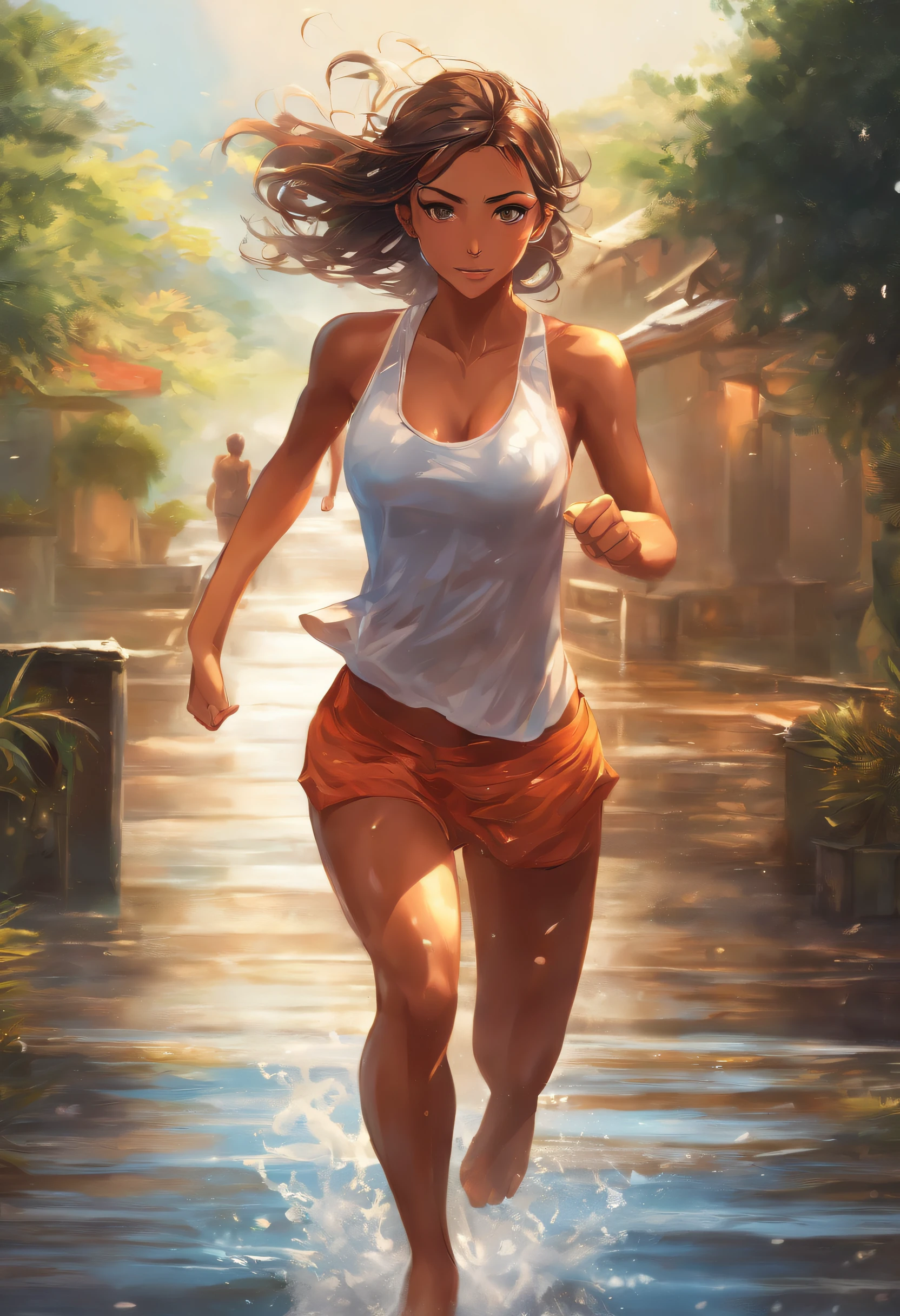 Hot tanned anime girls, running, sweating a lot, wet body, wet face