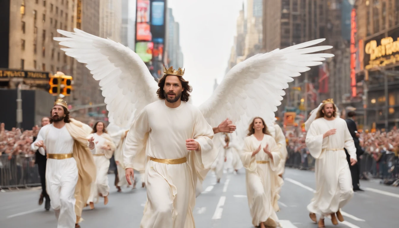 scene of the Bible rapture, jesus in heaven with angels, city on its knees, frightened, people running, new york city, time square, return of christ, return of christ, scene of the second coming of christ, angels in heaven, jesus christ white in heaven, people on earth with normal clothes, and Jesus in heaven with clothes and gold crown, normal everyday in the city, cars and people, Bible rapture scene