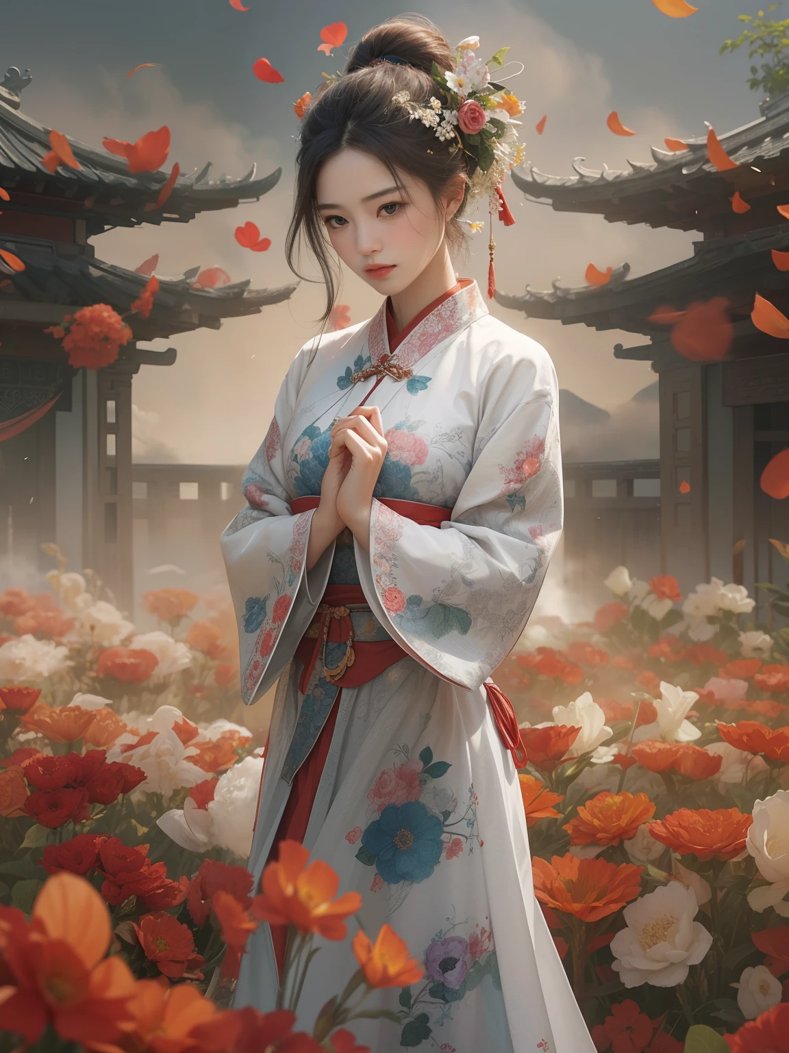 zhongfenghua, 1girls, bara, hanfu, antique_china_architecture, Flower Field, floral, (white smoke:1.3) (photorealistic portrait:1.4), Zentangle, Mandala, Entangle, official art, Unity 8k壁纸, ultra-detail, beautiful and beautiful, masterpiece,bestquality, (dynamic angle:1.4), gleaming skin, (Colorful sparks float:1) most beautiful form of chaos, Elegant, a brutalist designed, vibrant colours, Exotic romance, Depth of Field._dance, red flowers