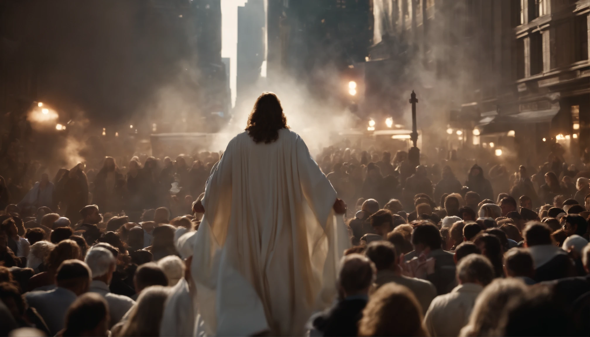 scene of the Bible rapture, jesus in heaven with angels, city on knees, frightened, people running, new york city, time square, return of christ, return of christ, scene of the second coming of christ, angels in heaven, jesus christ white in heaven