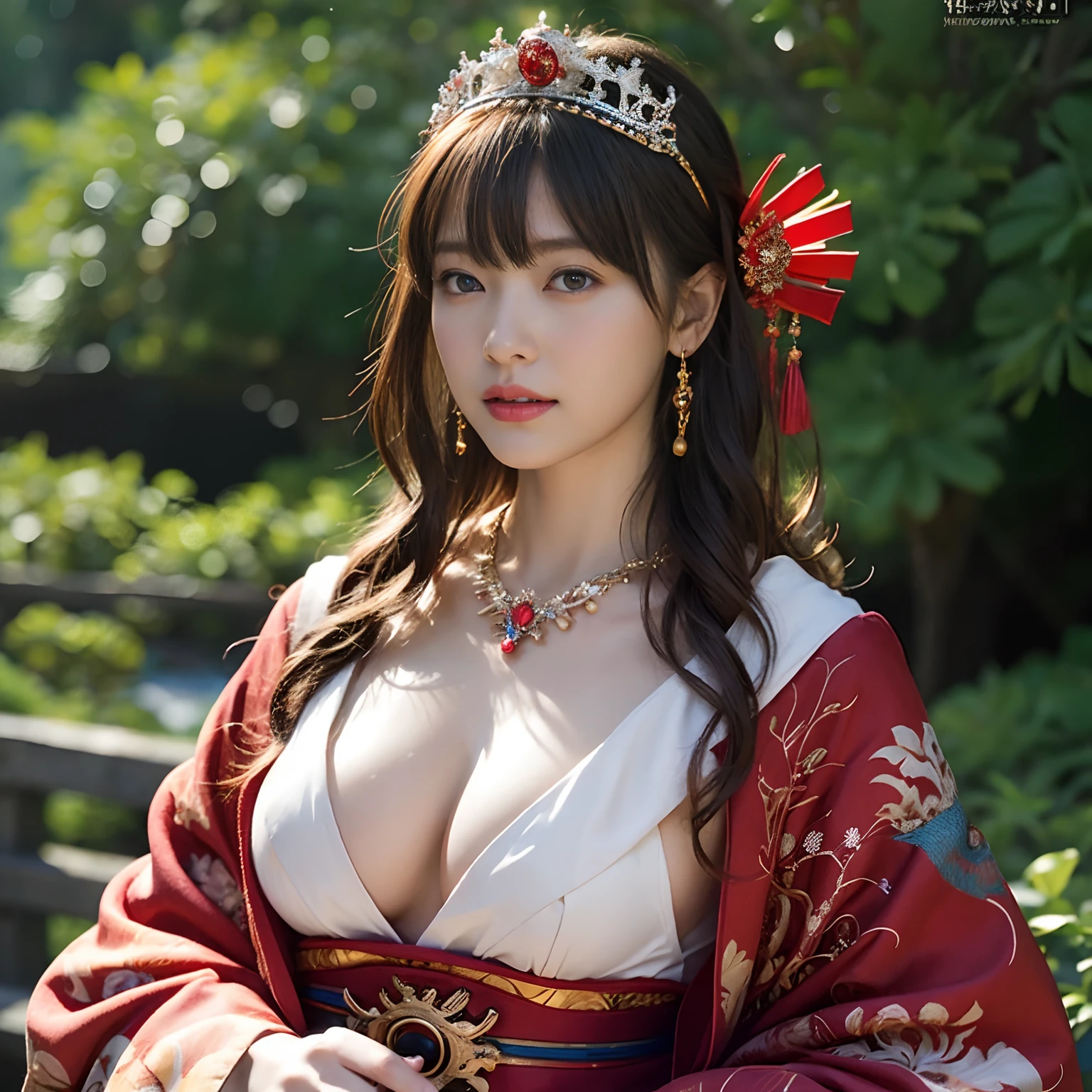 (Fight fiercely with dragons)、top-quality、masterpiece、超A high resolution、(Wearing a colorful Japan kimono)、Kimono with beautiful pattern、(Wearing a beautiful crown made of jewels),(Photorealsitic:1.4)、Raw photo、1人、Japan big castle background、glowy skin、(((Japan Dragon)))、(Gorgeous Jewelry Necklaces)、(Mystical expression)、(Fight big dragons)、Kimono with beautiful pattern of Japan、(Metal bodysuit)、(beautiful forest background)、Precipitous cliffs、(Small LED)、((super realistic details))、portlate、globalillumination、Shadow、octan render、(There is also a shrine in the background)、8K、ultrasharp、Colossal tits、Raw skin is exposed in cleavage、metals、Details of complex ornaments、Japan details、highly intricate detail、Realistic light、CGSoation Trends、Blue eyes、radiant eyes、Facing the camera、neon details)、Gundam、Small LED、,Mechanical thighs、Toostock、(Full Body Angle)、(veils)、