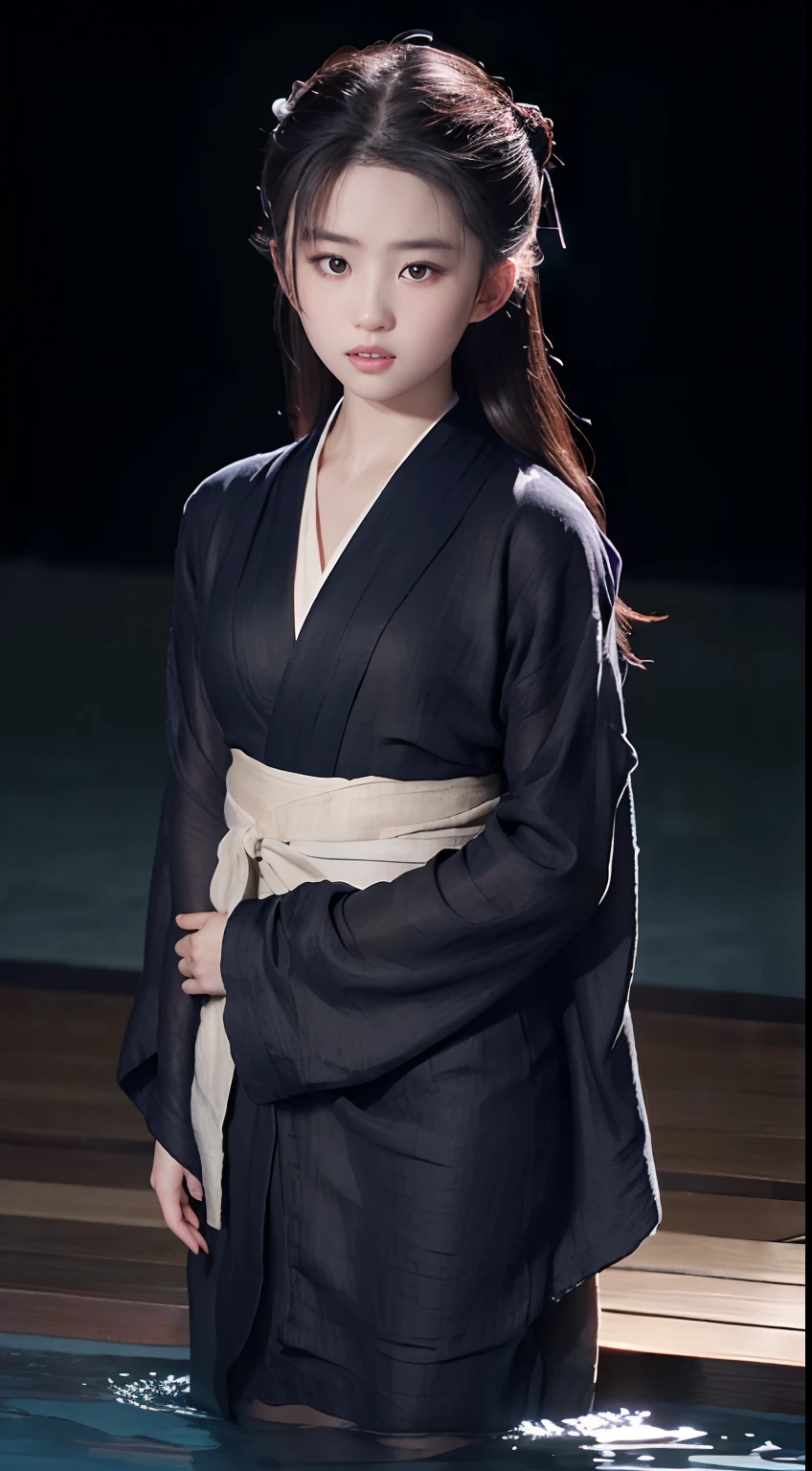 ((Best quality, 8K, Masterpiece :1.3)), Sharp focus:1.2 , Photorealsitic,(Cinematic lighting),Facial detail texture. Eye details. Double eyelids, Slender body. Super small breasts, 12-year-old girl, photo-realistic:1.37,Perfect eyes, ((1 girl in a black yukata)),(white sash),(Thick fabric),((Ragged linen)),With a petite figure,brunette color hair,Long hair draped loosely,Qi bangs,Stand in a cold pool,Full body like,Clothing covers the whole body,folds,((solid color backdrop)),is shy,Be red in the face