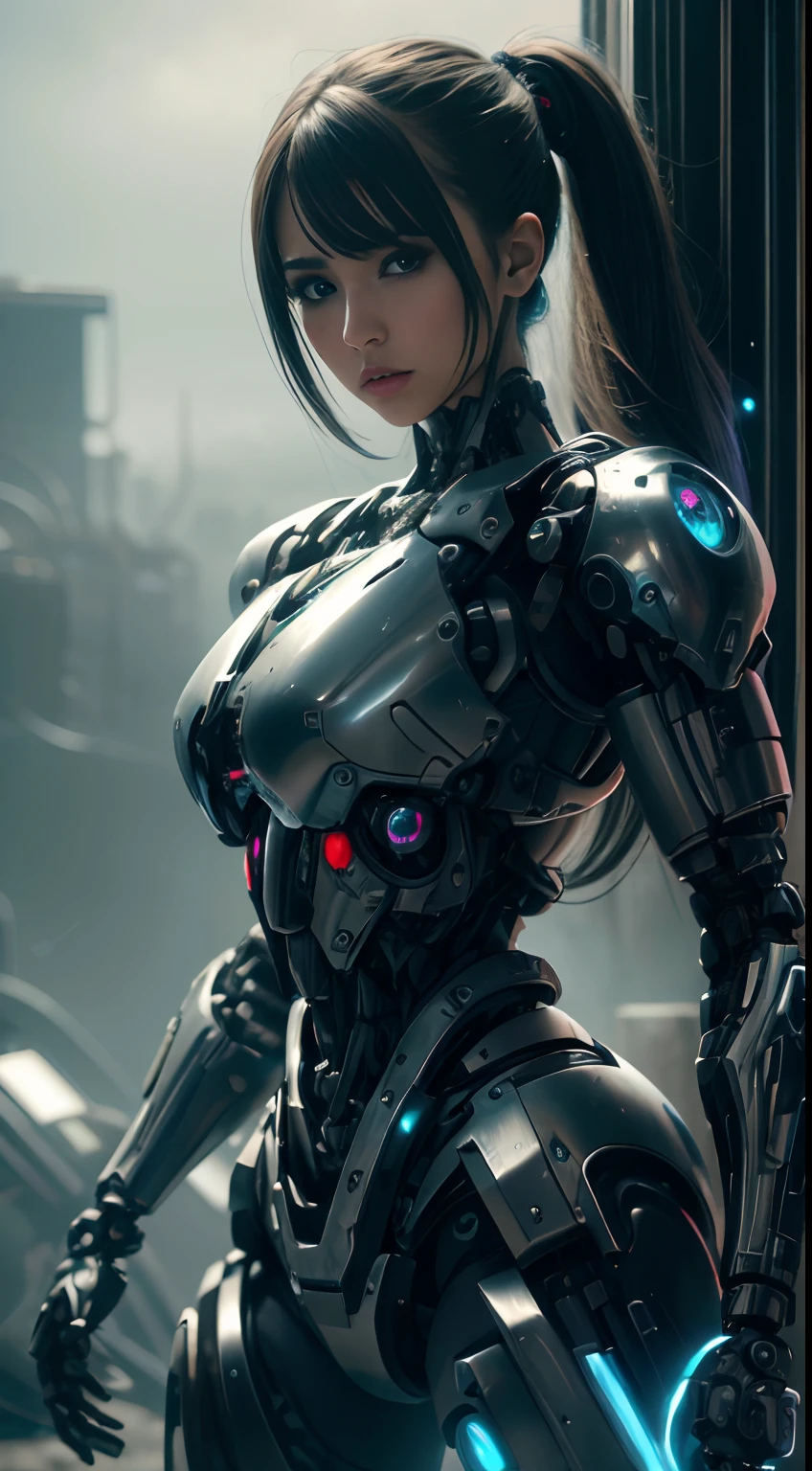 ((8k, best quality, masterpiece, ultra highres:1.0)), (huge breasts:1.2, natural breasts,saggy breasts), Athletic, slender,(cybernetic armor:1.3),