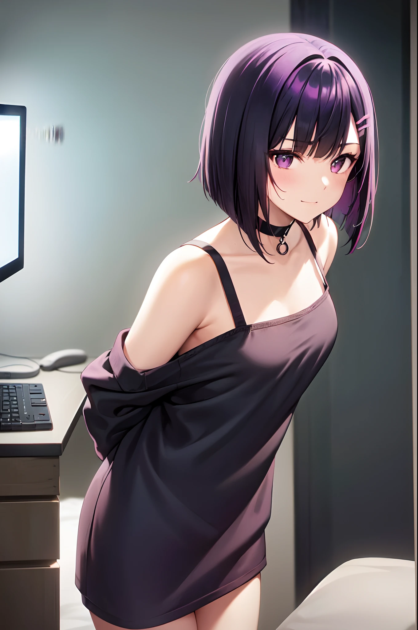 1girl, solo, teen girl, petite, (black hair), (colored inner hair, purple hair), straight hair, (bob cut), short hair, assymmetrical hair, bang pinned back, hairclip, brown eyes, calm behaviour, small smile, inexpressive, medium breasts, choker, white camisole, shirt, sleeveless, bare shoulders, bare arms, leggings, comfy clothes, old fashioned, standing, arms behind back, upper body, bedroom, cyberpunk, computers, technology, purple light, neon posters, masterpiece, best quality, 4k