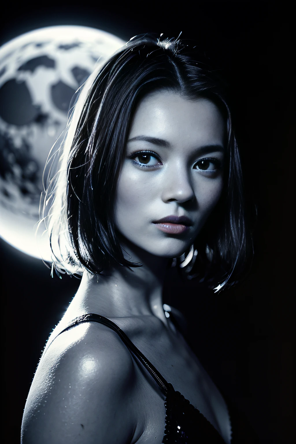 a picture、(Photorealsitic:1.4)、(hyper realisitic:1.4)、(Cinematic:1.5)、Woman in her 20s、(beautiful and delicate face)、(High-quality eyes)、fashion photograhy、monochromes、Lunar surface、space suits、